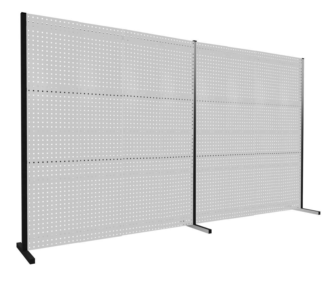 Das ®RasterPlan Trennwand Doppelfeld 180° in RAL 7035 bietet flexible Raumtrennung mit 8 Lochplatten, ideal für industrielle Anwendungen. Maße: L2000/2000 mm, H2000 mm.