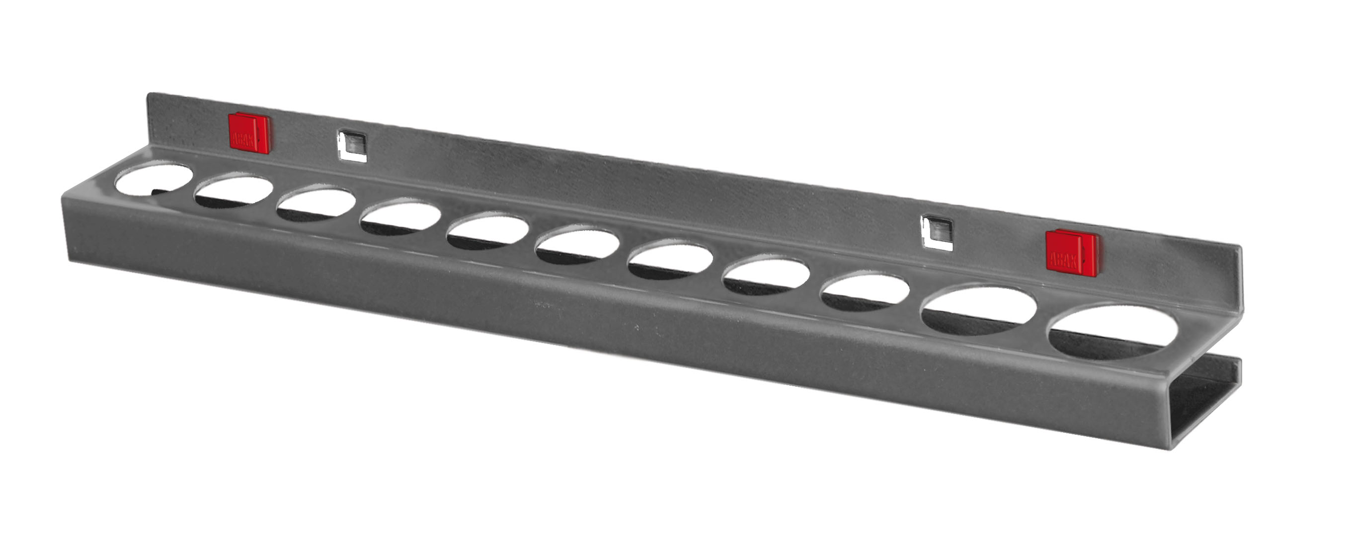 ABAX® Nusshalter für 12 Nüsse in Anthrazitgrau, 390x45x30 mm. Innovativ, werkzeuglos montierbar, kompatibel mit ®RasterPlan. Flexibel und wiederverwendbar.