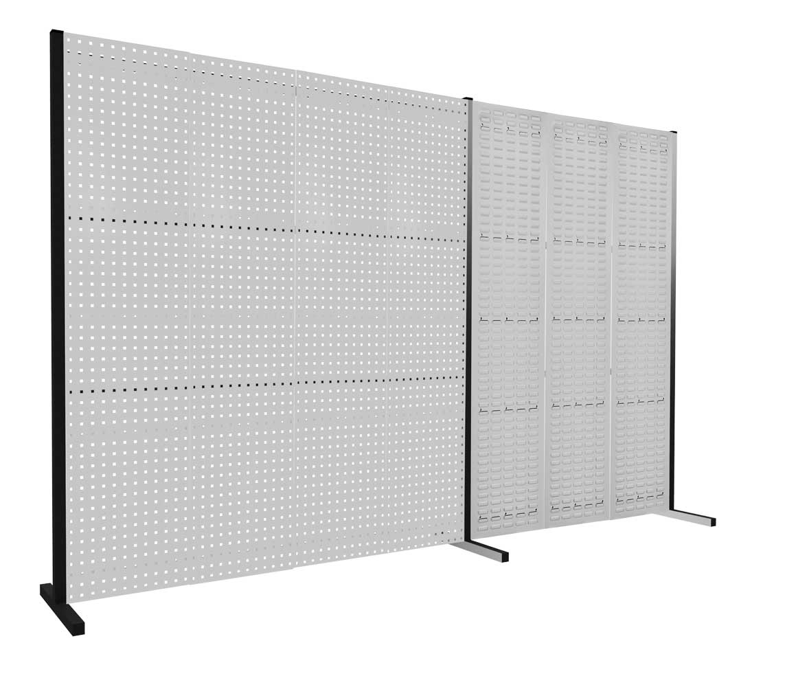 Produktbild der ®RasterPlan Trennwand Doppelfeld 180° von Kappes Systeme GmbH, 2000 mm hoch, flexibel anpassbar mit Loch- und Schlitzplatten in RAL 7035.