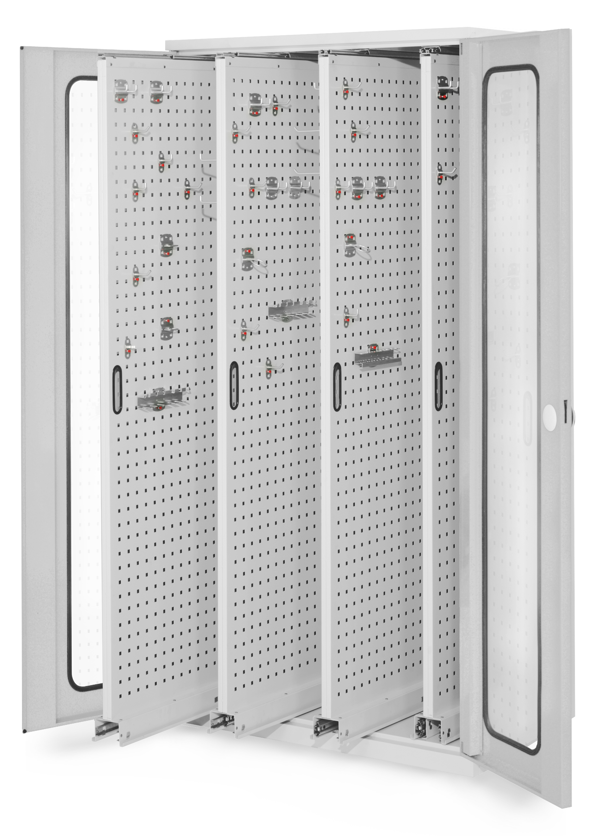 Der RasterPlan Vertikalschrank Modell 83 von Kappes Systeme GmbH bietet mit Sichtfenstertür und vier Auszügen eine platzsparende Lösung für die Werkzeugorganisation.