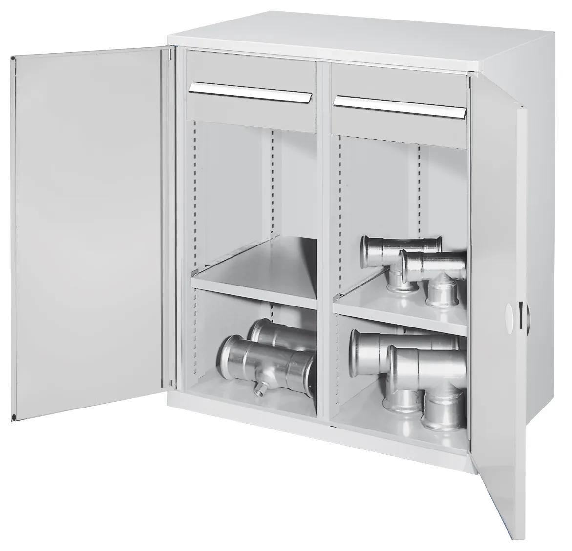 Schwerlast-Beistellschrank Modell 76 von Kappes Systeme: Robuste Stahlkonstruktion, 1,65 Tonnen Tragkraft, integrierte Mitteltrennwand, doppelte T?ren, lichtgrau.