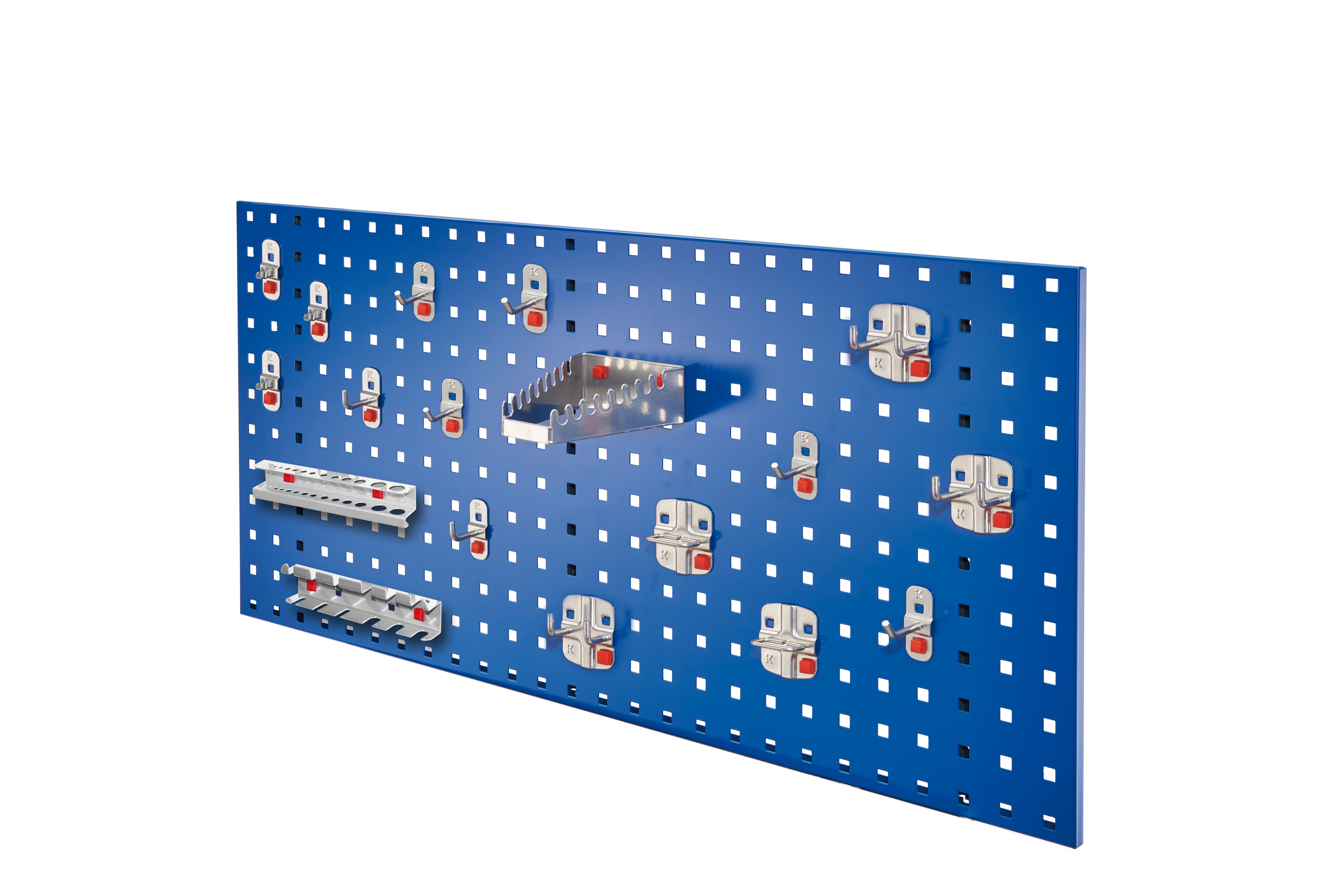 ®RasterPlan/ABAX Lochplatten Einsteigerset 6 RAL 5010. Bestehend aus 1 Lochplatte 1000 x 450 mm 1 ABAX Werkzeughaltersortiment 18-teilig