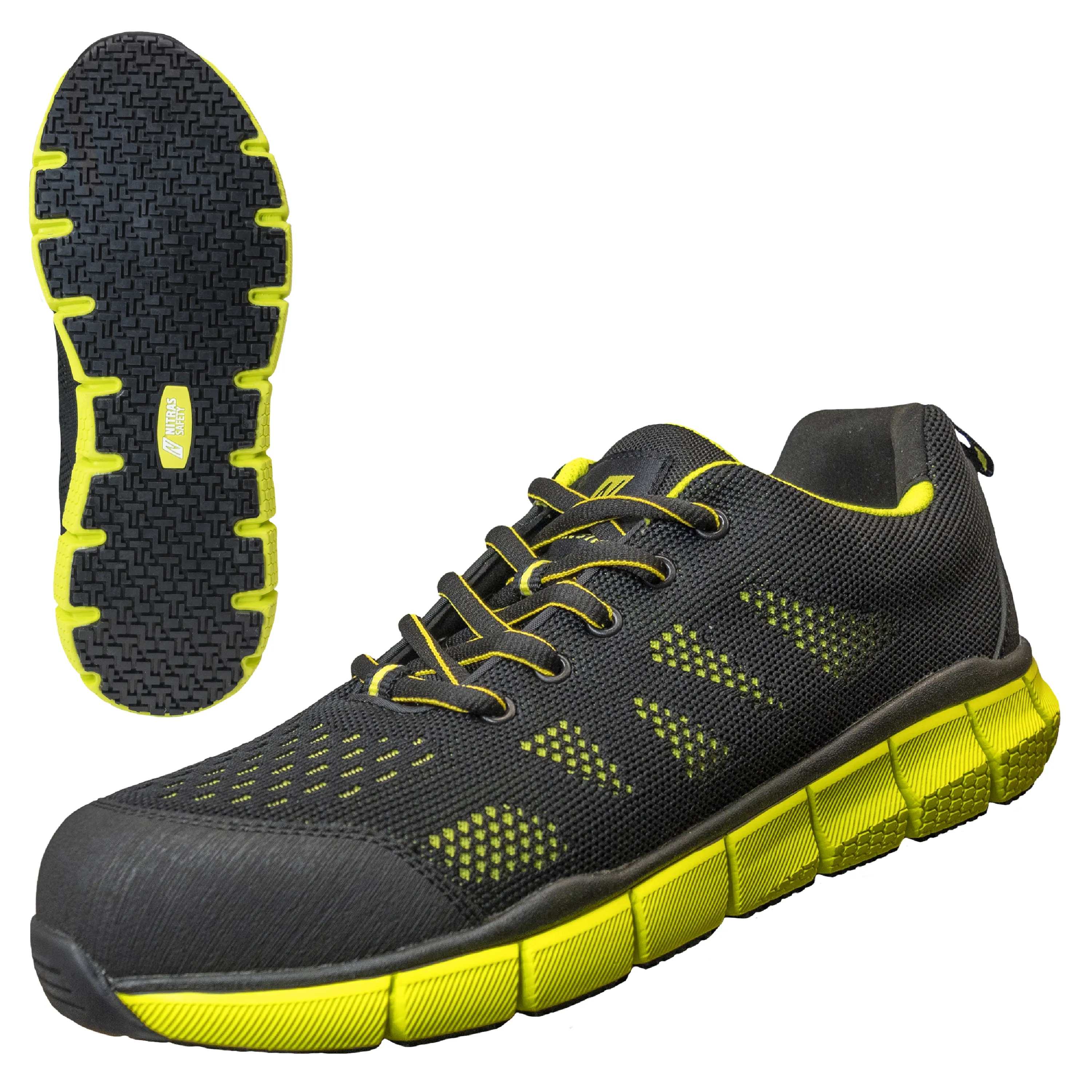 NITRAS SONIC STEP Sicherheitshalbschuhe in Schwarz/Lime bieten optimalen Schutz und Komfort mit Fiberglas-Zehenkappe und rutschfester EVA/Nitril-Sohle.