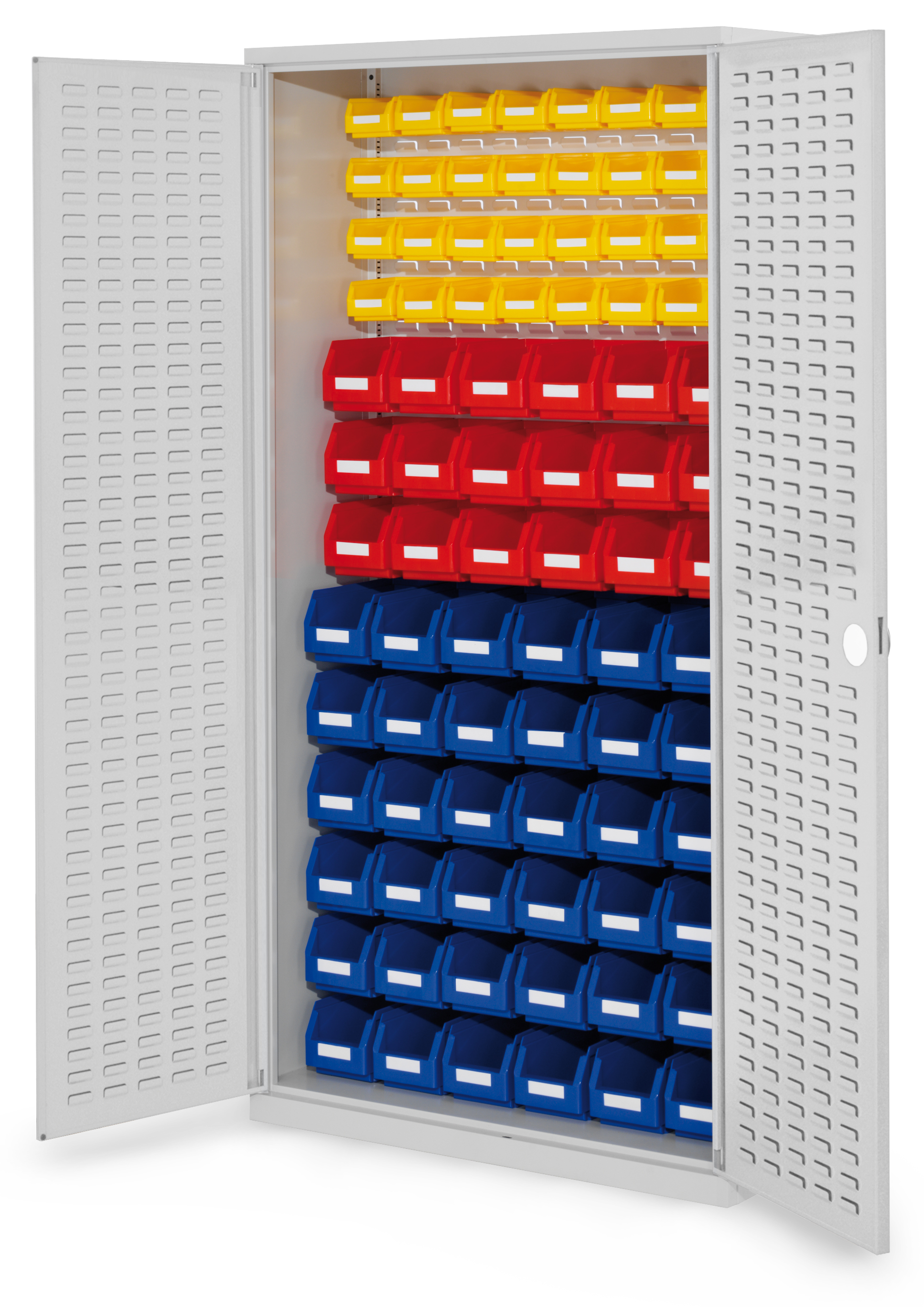 ®RasterPlan Schlitzplattenschrank H1950 x B 1000 x T 410 mm RAL 7035 Modell 55 Schlitzplattentüren bestückt mit Lagersichtkasten 36 x Größe 5 18 x Größe 6 32 x Größe 7.