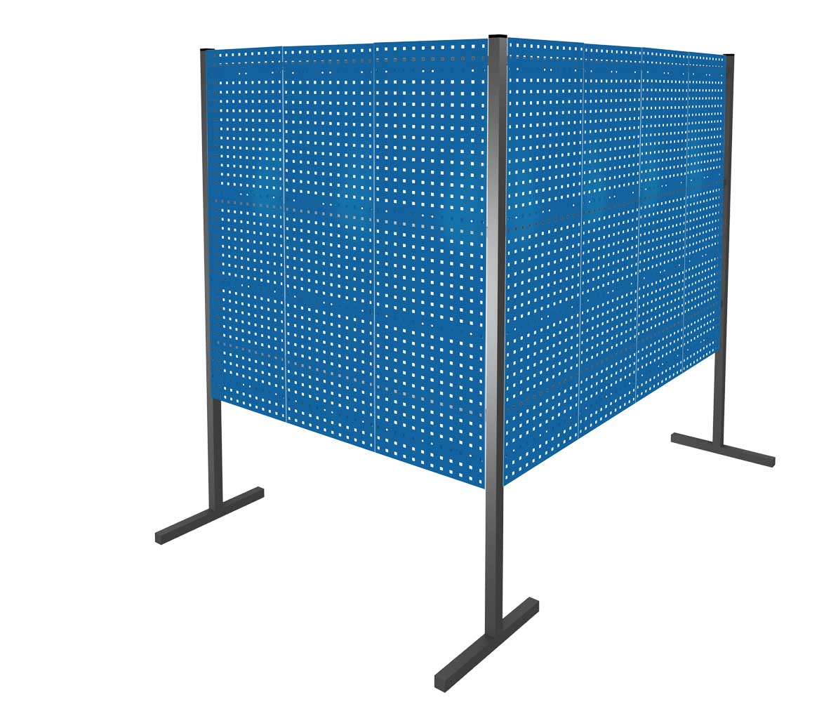 Produktbild zeigt das ®RasterPlan Trennwandsystem Doppelfeld 90° in RAL 5010, mit 7 Lochplatten, ideal für flexible Raumgestaltung in industriellen Umgebungen.