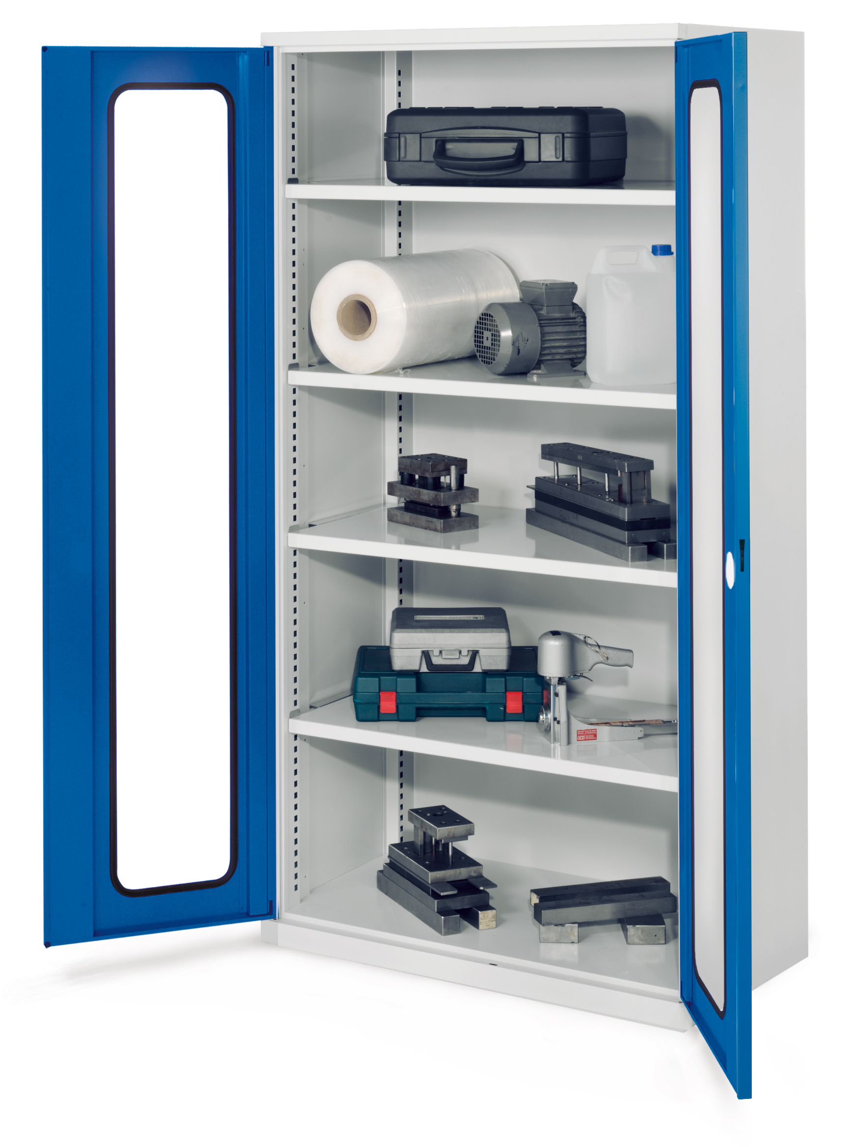 Schwerlastschrank von Kappes Systeme GmbH: Robuste Stahlkonstruktion, 1,65 Tonnen Tragkraft, Sichtfenstertür, verzinkte Fachböden, lichtgrau/blau, Modell 41.