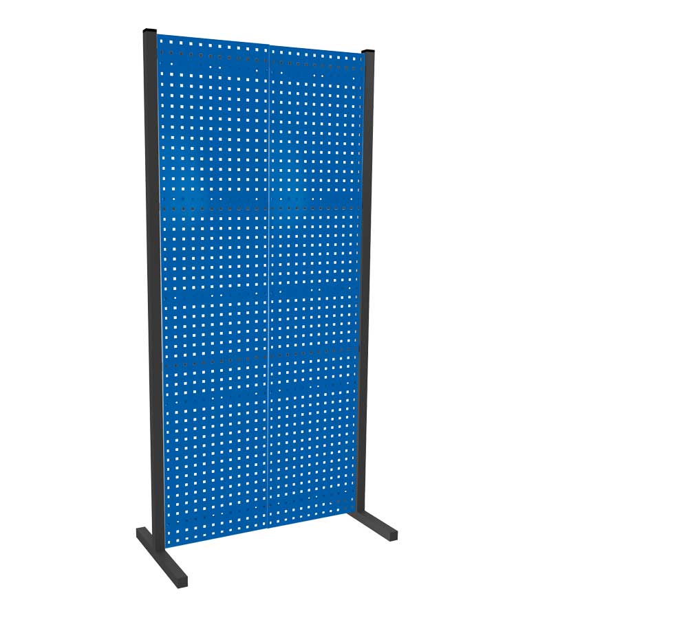Das ®RasterPlan Trennwand Einzelfeld in Blau (RAL 5010), 1000x2000 mm, mit zwei Lochplatten, bietet flexible und effiziente Raumtrennung für individuelle Anforderungen.