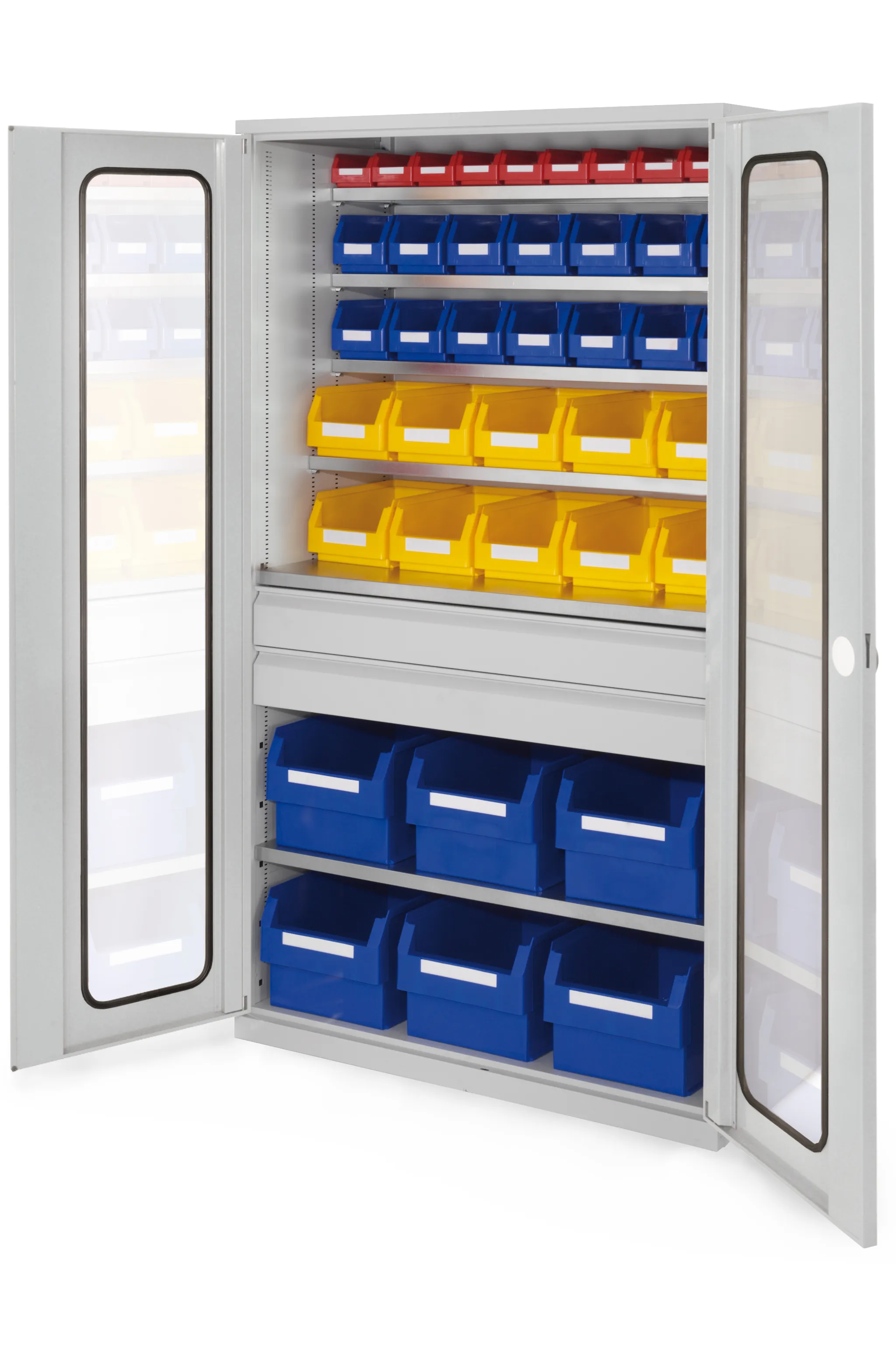 Gro?raumschrank Modell 32 von Kappes Systeme: Lichtgrau, 1950x1130x590 mm, mit Sichtfenstert?ren, zwei Schubladen und Lagersichtk?sten. Robust und funktional.