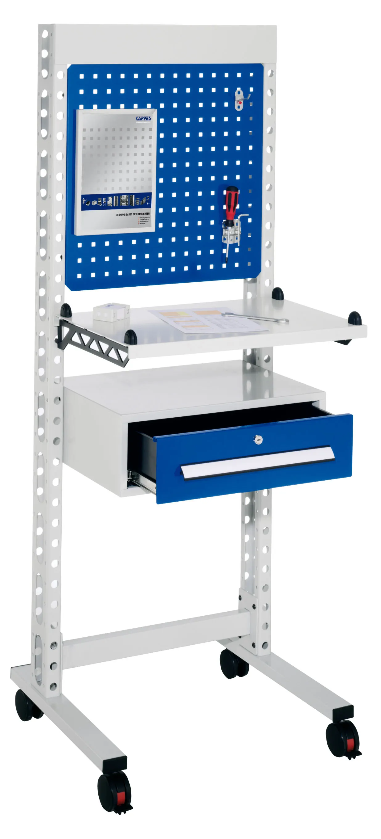 Der ErgoPlus Steharbeitsplatz von Kappes Systeme: Flexibel, mobil und robust, ideal f?r industrielle Anwendungen. Anpassbar und langlebig dank modularer Bauweise.