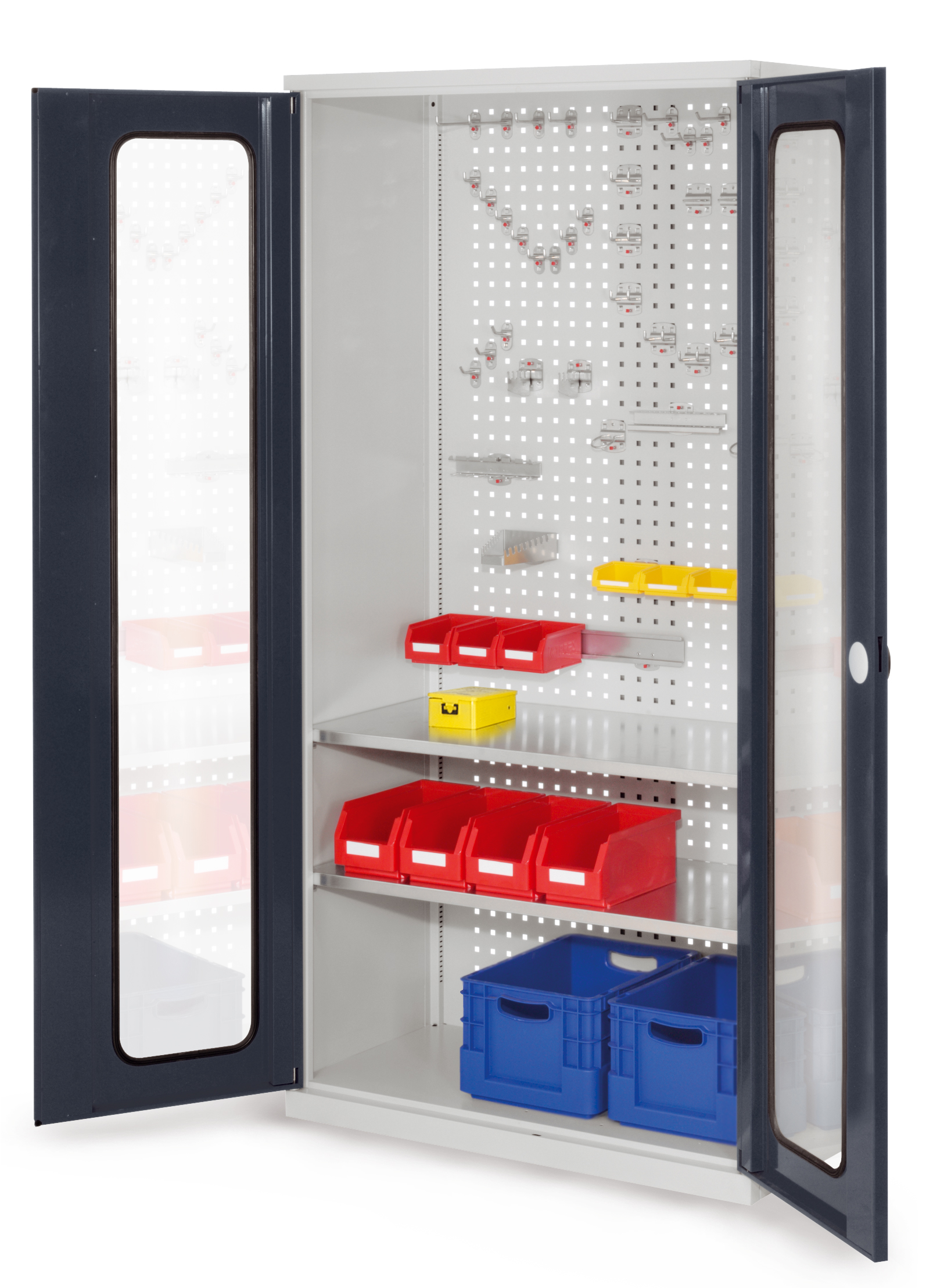 Der RasterPlan Werkzeugschrank Modell 5 500 von Kappes Systeme bietet robuste, sichere Aufbewahrung mit verstellbaren Fachböden und einem Sicherheits-Zylinderschloss.
