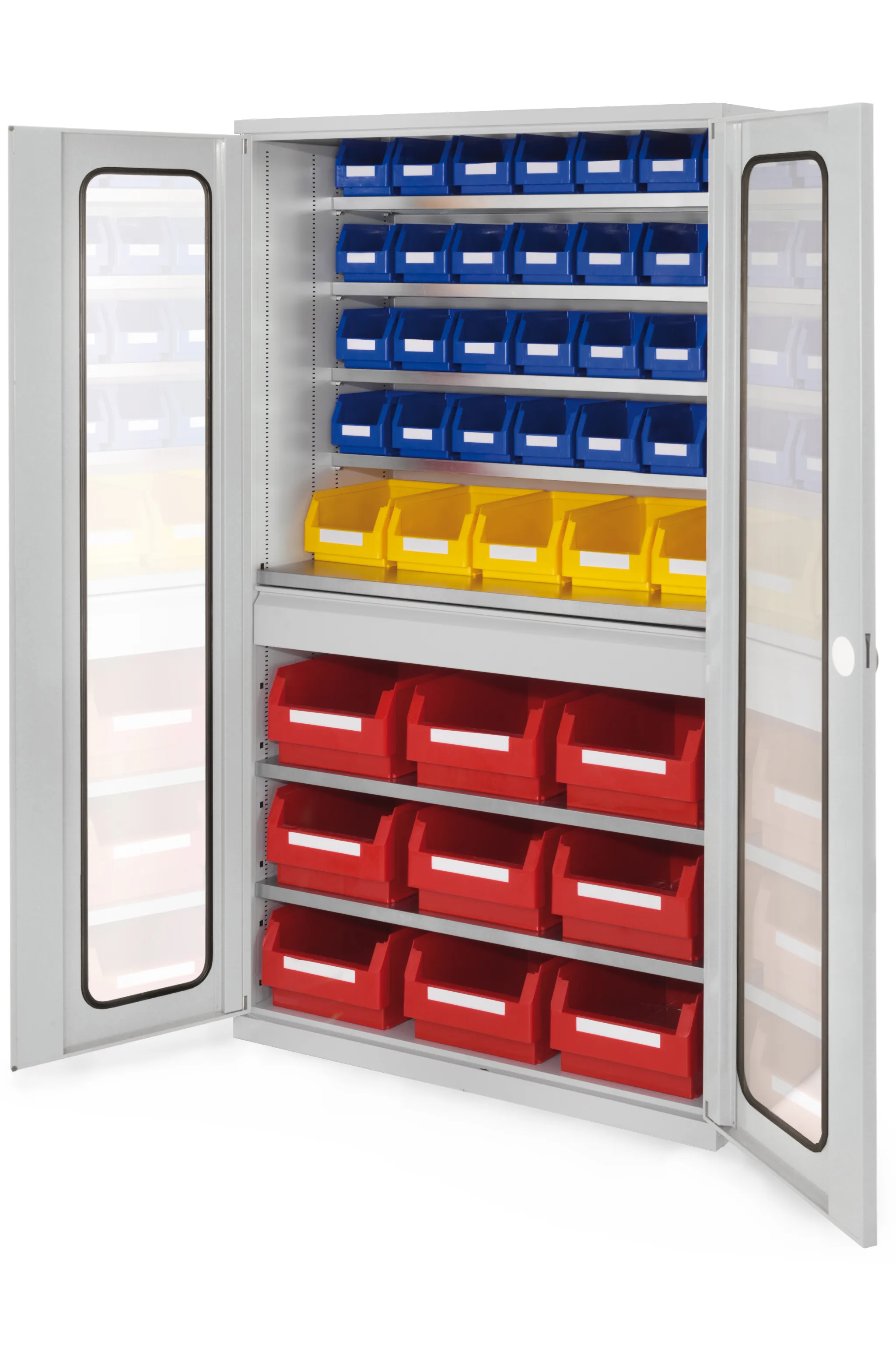 Gro?raumschrank Modell 30 von Kappes Systeme: Robuste Stahlkonstruktion mit Sichtfenstert?ren, Schubladen und verstellbaren Fachb?den, lichtgrau beschichtet.