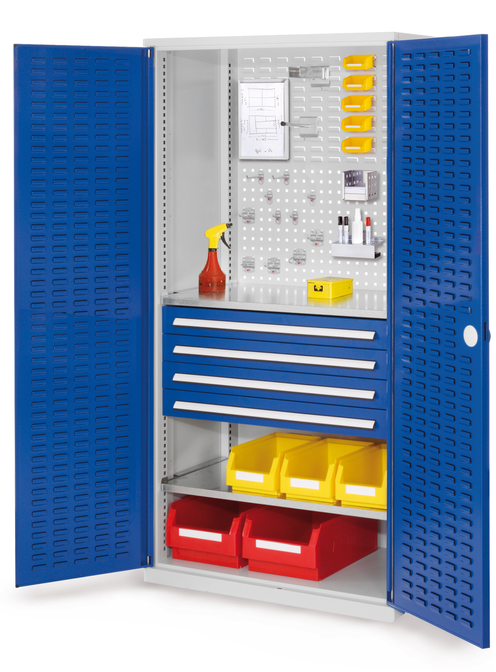 Der RasterPlan Schubladenschrank Modell 23 von Kappes Systeme GmbH bietet robuste Lagerung mit vier Schubladen, verzinkten Fachböden und sicherem Zylinderschloss.