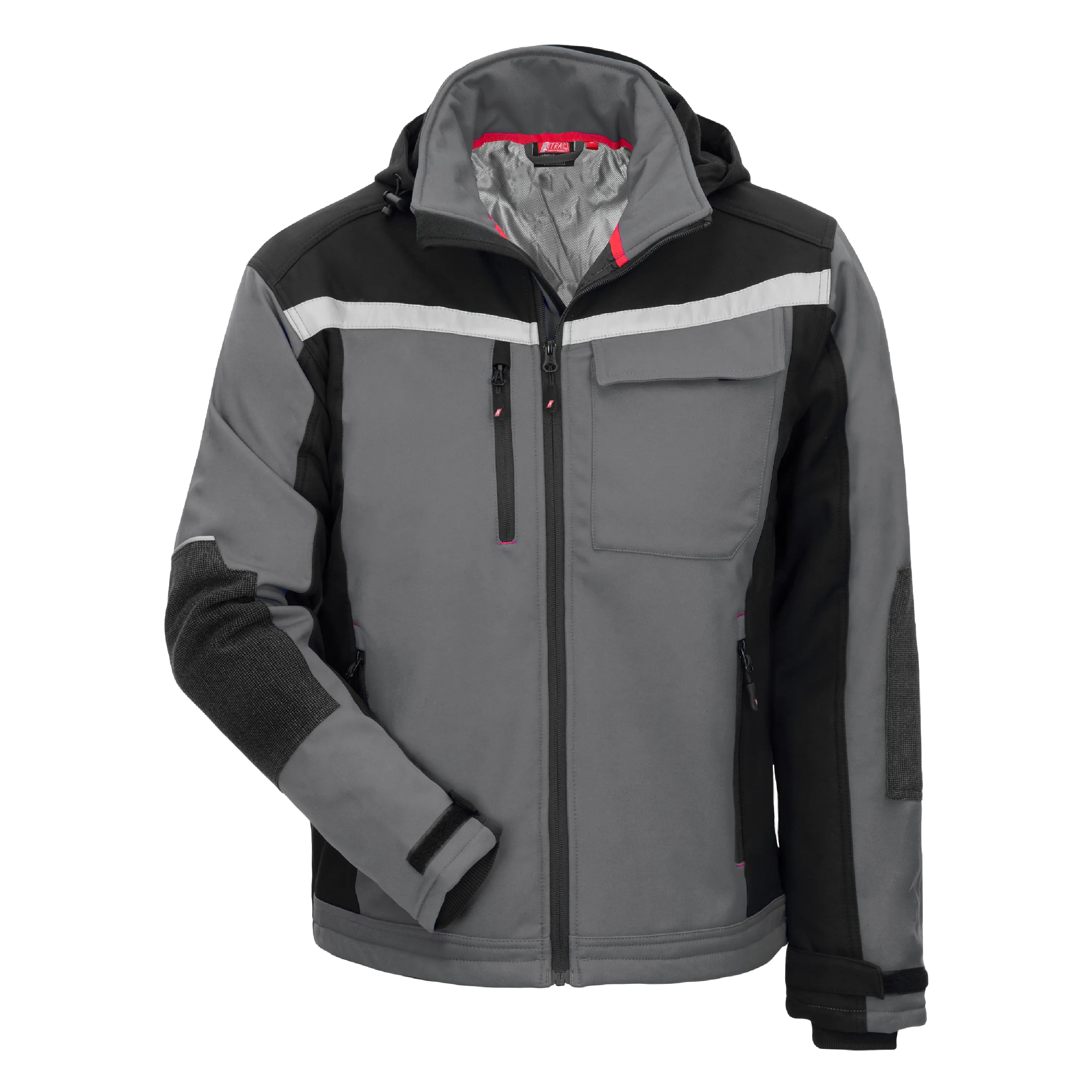 Die NITRAS MOTION TEX PLUS Softshelljacke in Grau und Schwarz bietet Komfort und Schutz mit wasser- und windabweisendem Material, Reflexelementen und abnehmbarer Kapuze.