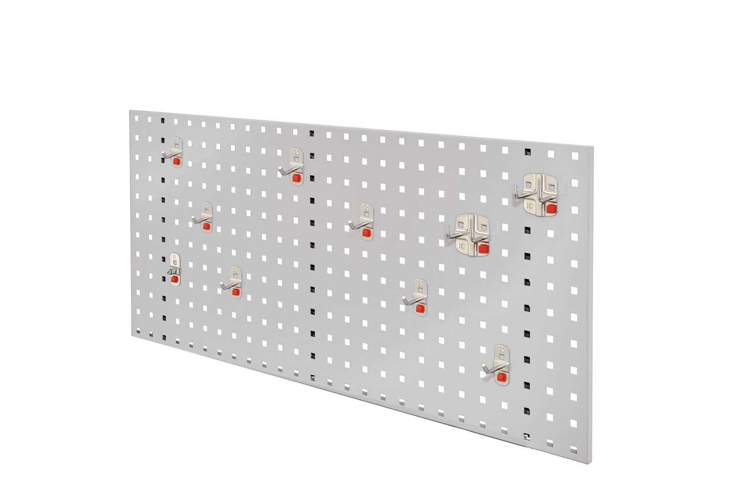 Das ®RasterPlan/ABAX Einsteigerset 1 in RAL 7035 bietet eine 1000 mm Lochplatte und 10 ABAX Werkzeughalter für flexible, werkzeuglose Montage und sichere Handhabung.