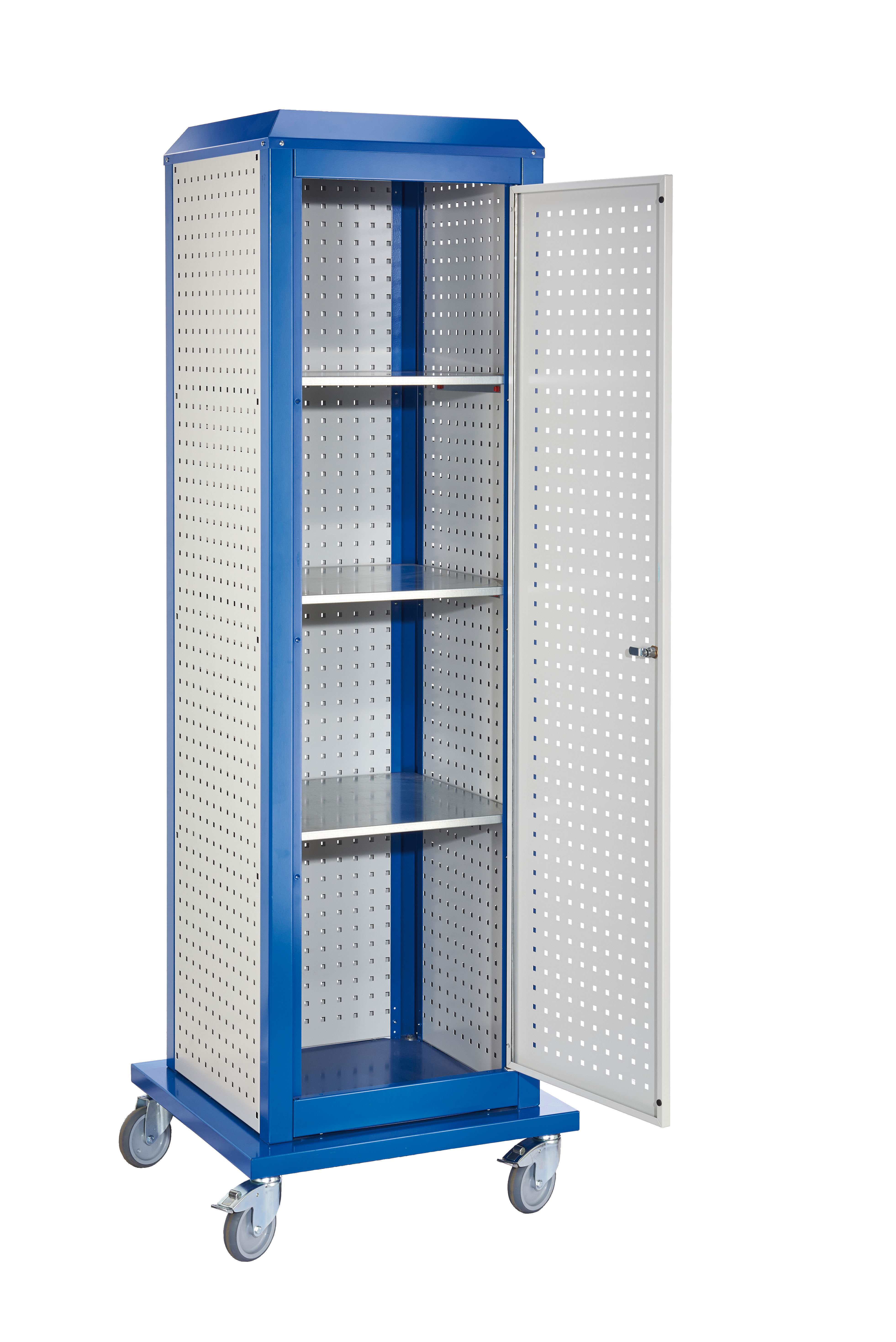 Der ®RasterPlan ToolTower Modell 6 von Kappes Systeme: Mobil und stationär, mit flexiblen Lochplatten, abschließbarer Tür und robuster Konstruktion in RAL 7035/5010.