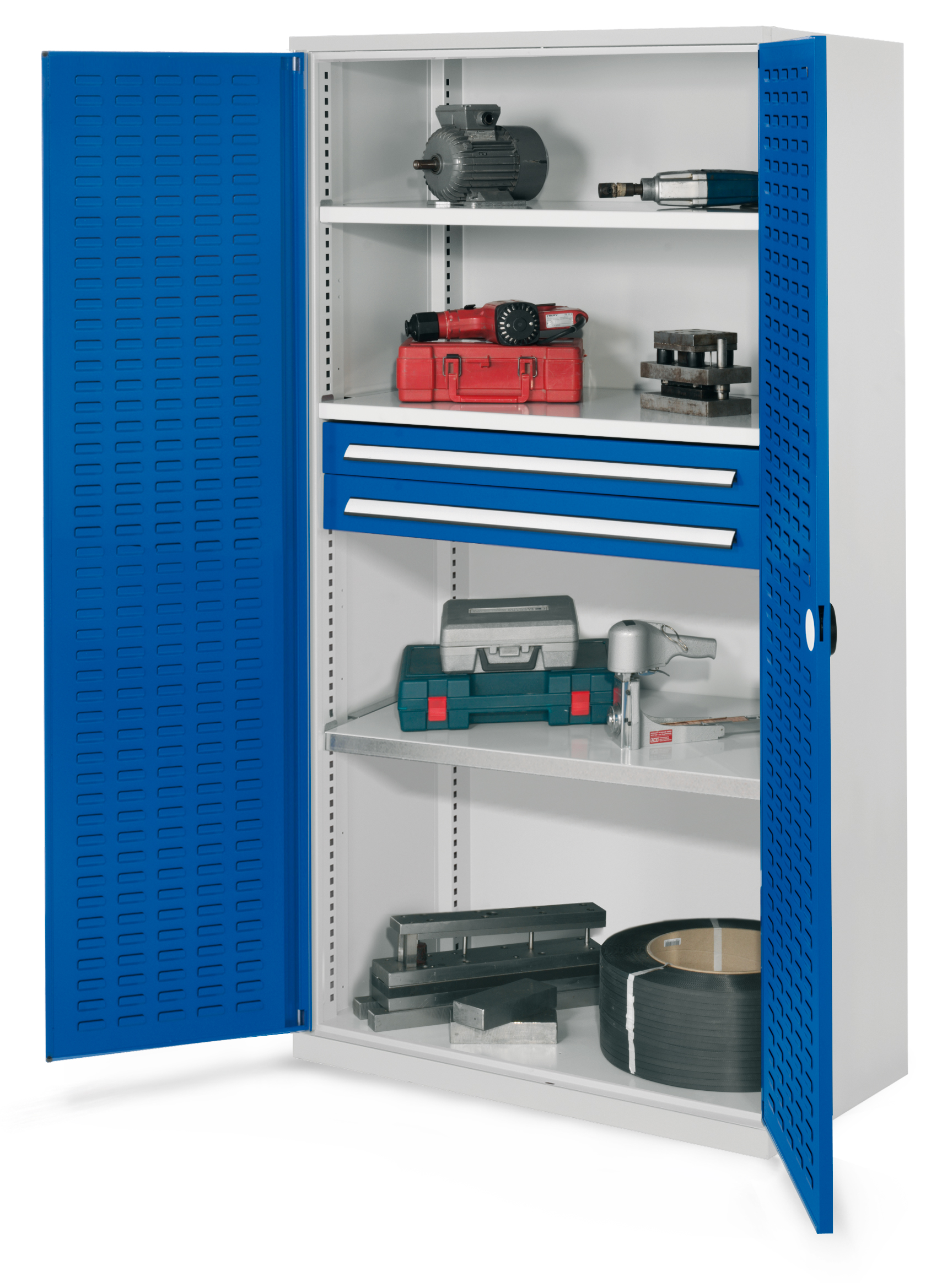 Schwerlastschrank von Kappes Systeme GmbH: Robuste Stahlkonstruktion ohne Mitteltrennwand, lichtgrau/blau, 1950x1000x600 mm, bis 1,65 t belastbar, mit Sicherheits-Zylinderschloss.