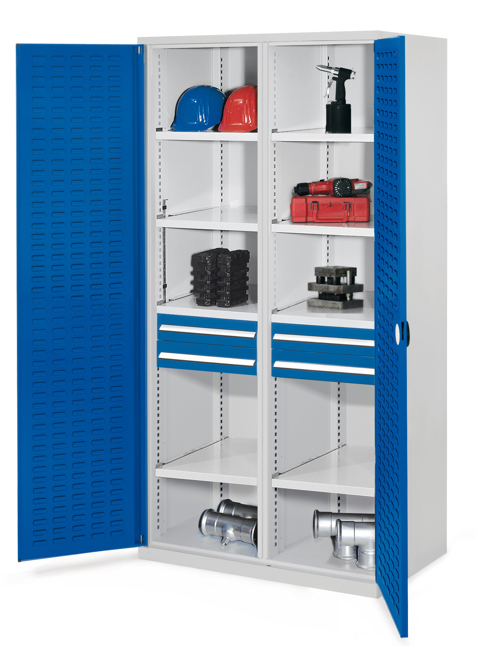 Schwerlastschrank von Kappes Systeme GmbH: Robuste Stahlkonstruktion mit Mitteltrennwand, Schubladen und Fachböden für sichere Werkzeuglagerung in der Industrie.