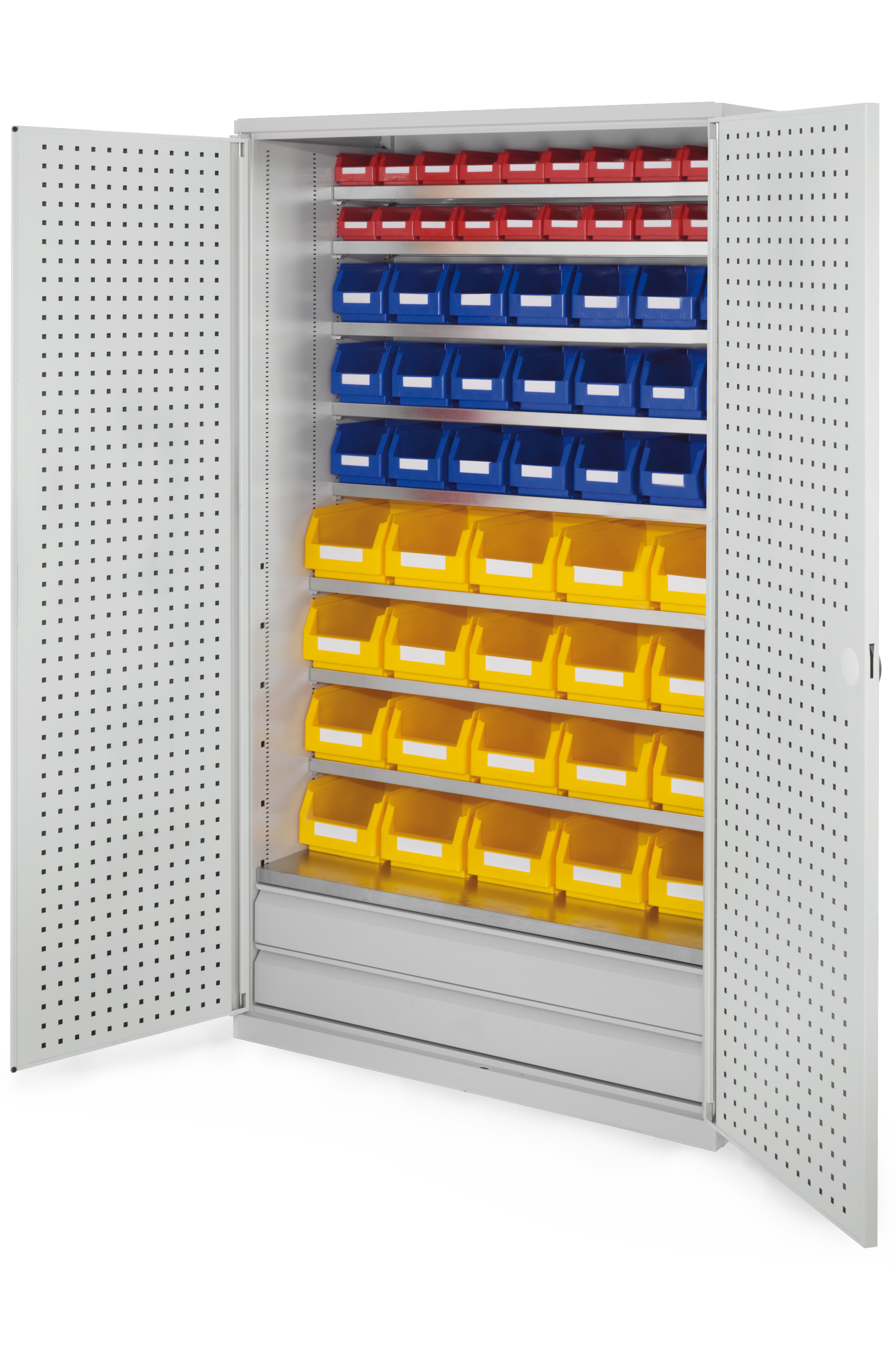 Großraumschrank Modell 24 RAL 7035 1950 x 1130 x 590 mm. Türinnenseite: ®RasterPlan Lochplatten 2 Schubladen unten inklusiv Lagersichtkasten 20 x Größe 4 21 x Größe 6 20 x Größe 7.