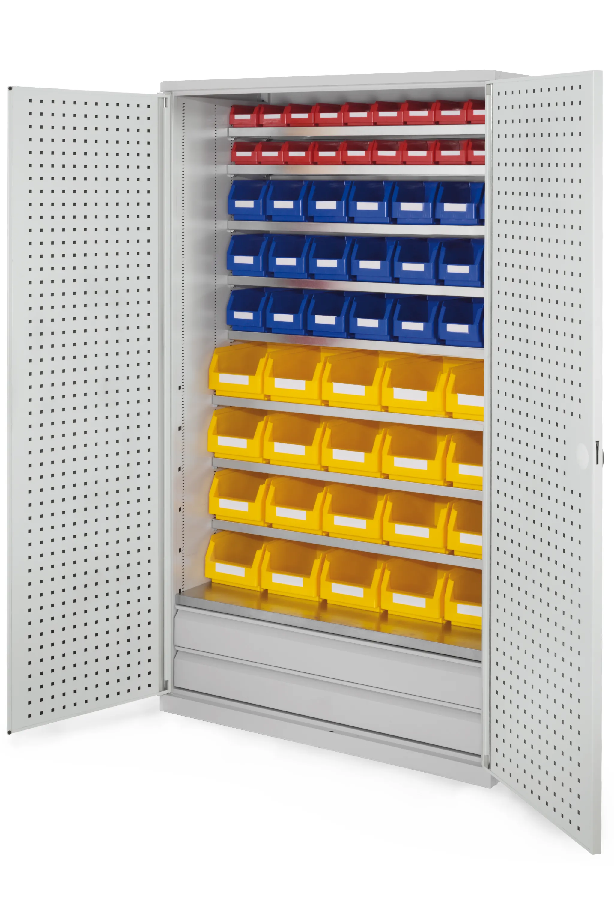 Großraumschrank Modell 24 von Kappes Systeme: Robuster Stahlschrank mit RasterPlan Lochplatten, modularer Aufbau, lichtgraue Beschichtung, 2 Schubladen, hohe Stabilität.