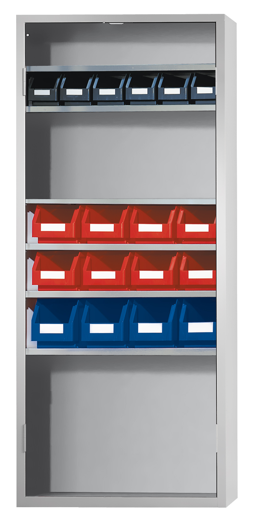 Ordnungsschrank Modell 42 von Kappes Systeme: Robuste Stahlkonstruktion in RAL 7035, verstellbare Fachb?den, Lagersichtk?sten inklusive, hohe Sicherheit durch Zylinderschloss.