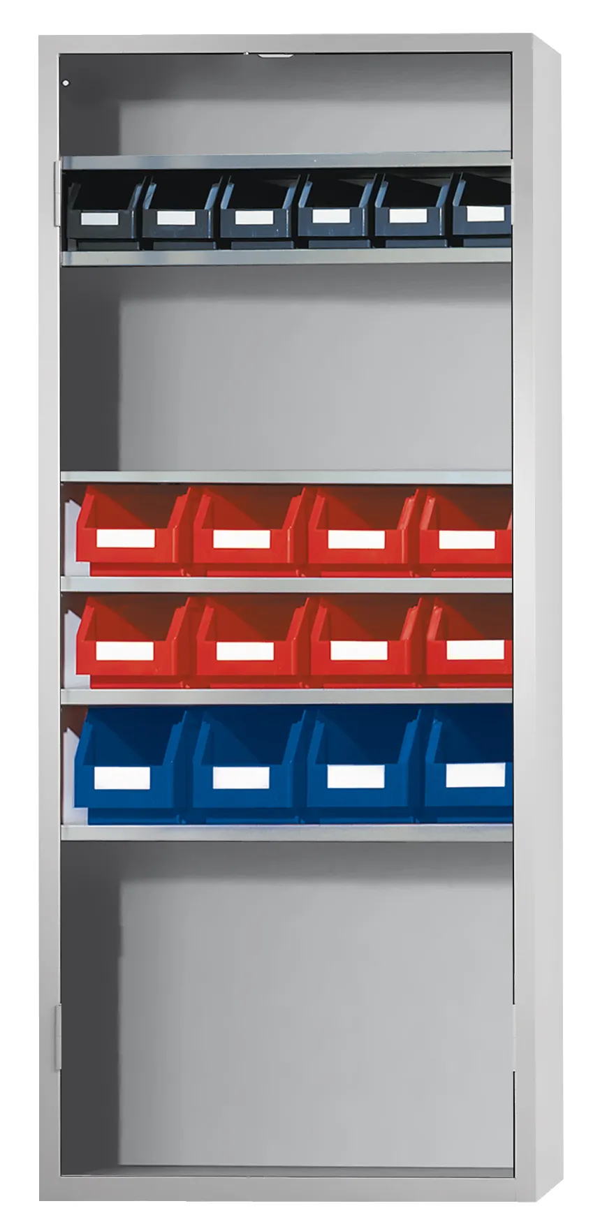 Ordnungsschrank Modell 42 von Kappes Systeme: Robuste Stahlkonstruktion in RAL 7035, verstellbare Fachböden, Lagersichtkästen inklusive, hohe Sicherheit durch Zylinderschloss.
