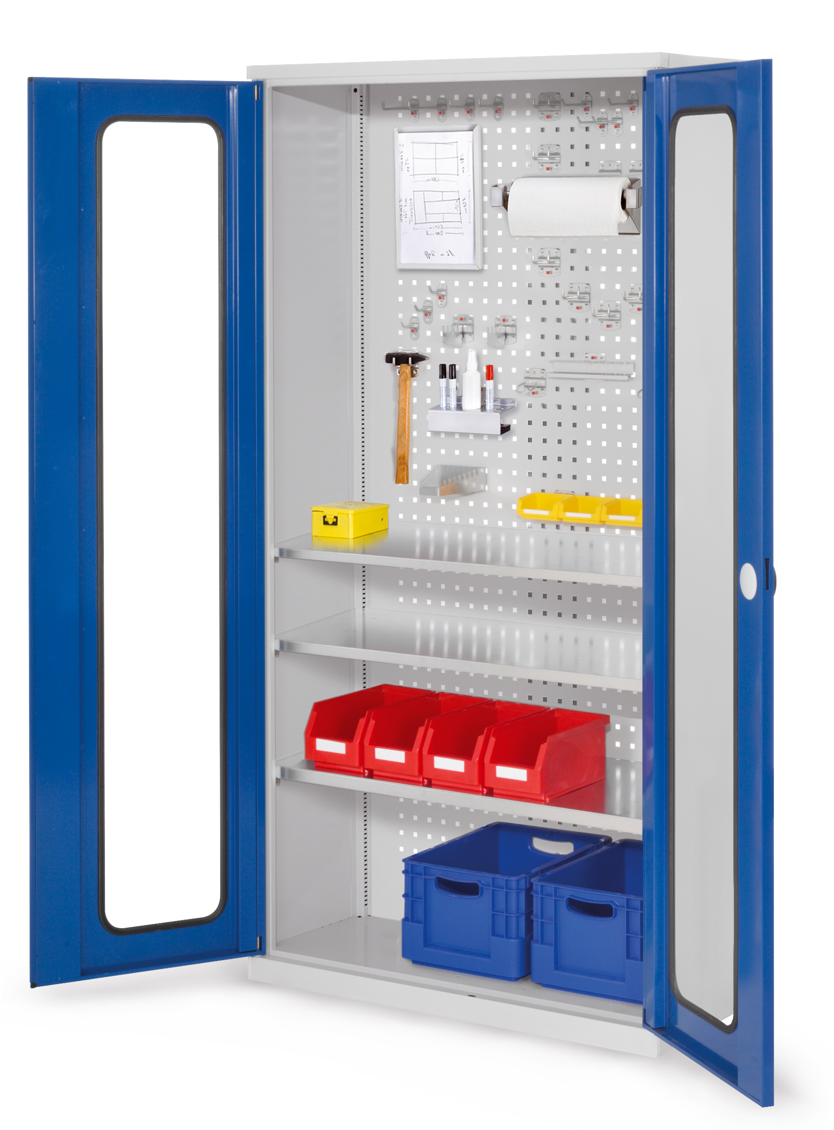 Der ®RasterPlan Werkzeugschrank Modell 6 410 bietet robuste, sichere Aufbewahrung mit Sichtfenstertüren und verstellbaren Fachböden für flexible Organisation.