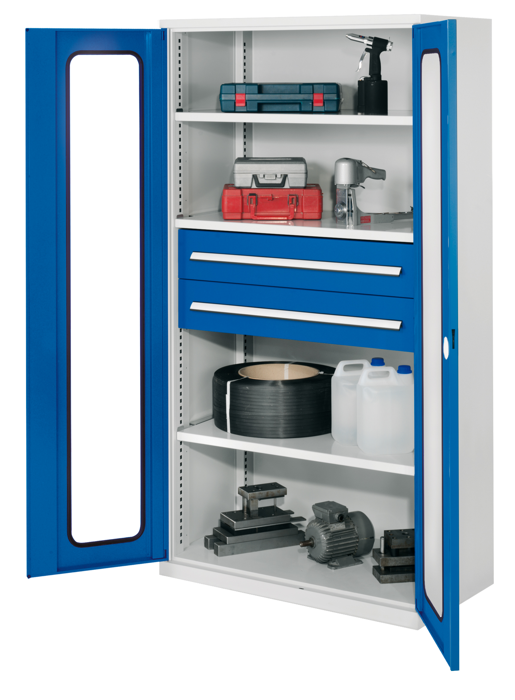 Schwerlastschrank von Kappes Systeme: Robuste Stahlkonstruktion mit Sichtfenstertür, drei Fachböden und zwei Schubladen. Belastbar bis 1,65 Tonnen. Maße: 1950x1000x600 mm.