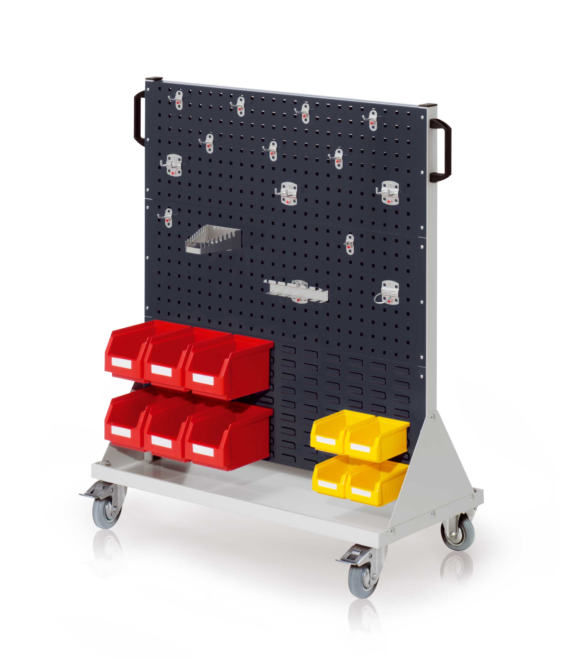 Das RasterMobil® von Kappes Systeme GmbH, in lichtgrau, bietet mit 1230x1000x500 mm flexible Werkzeuglagerung, ergonomische Handgriffe und robuste Rollen.