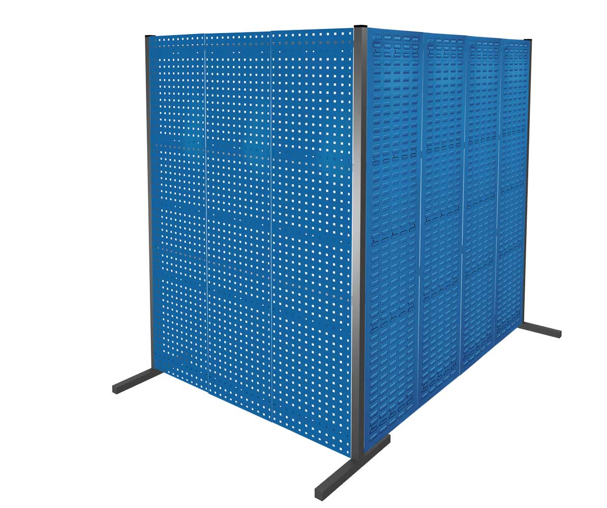 Das ®RasterPlan Trennwand Doppelfeld 90° von Kappes Systeme GmbH bietet flexible Raumteilung mit 4 Loch- und 3 Schlitzplatten in RAL 5010, 2000 mm hoch.