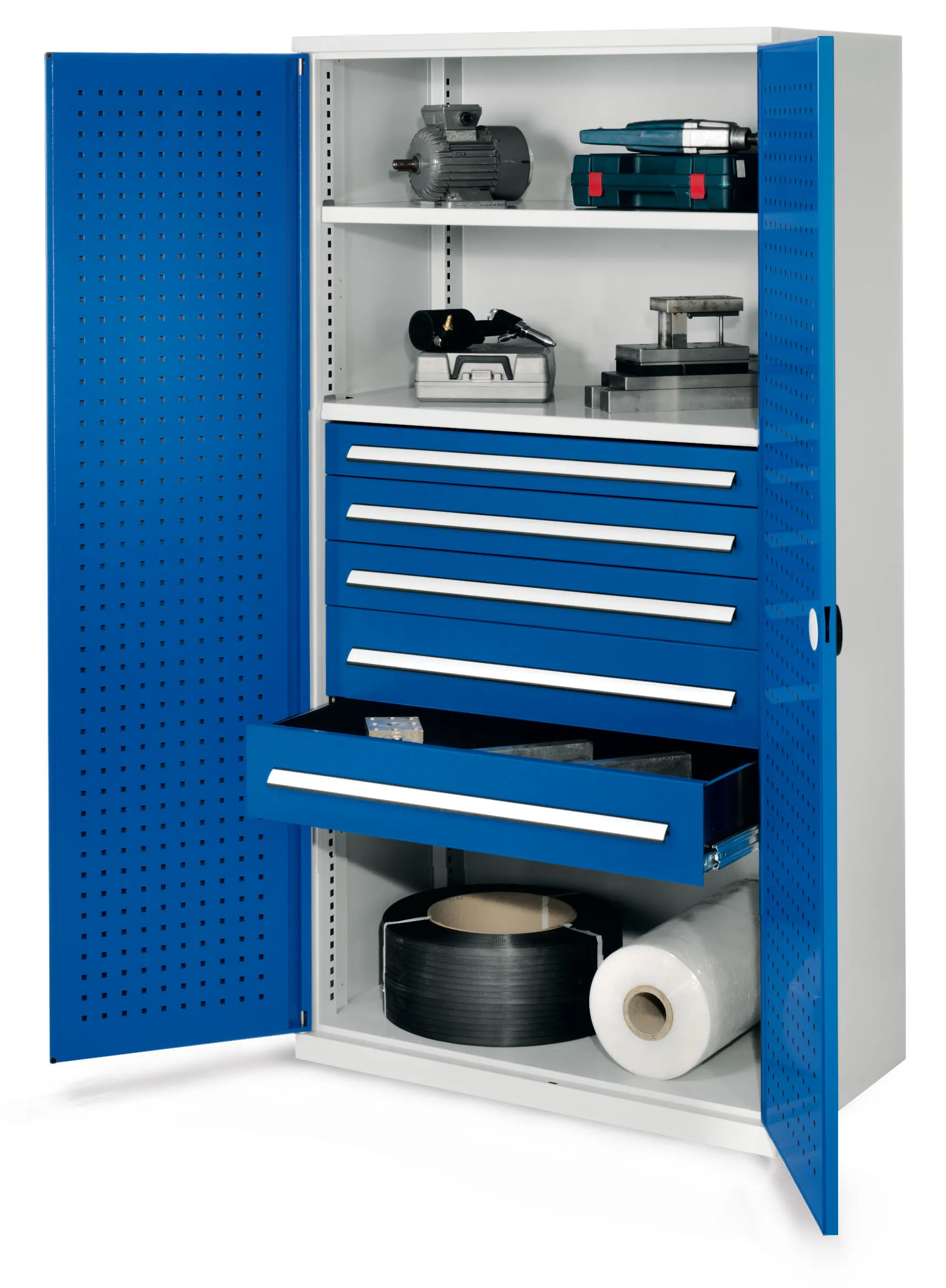 Der robuste Schwerlastschrank Modell 44 von Kappes Systeme GmbH, in RAL 7035/5010, bietet flexible Lagerung mit hoher Belastbarkeit und sicherem Zylinderschloss.