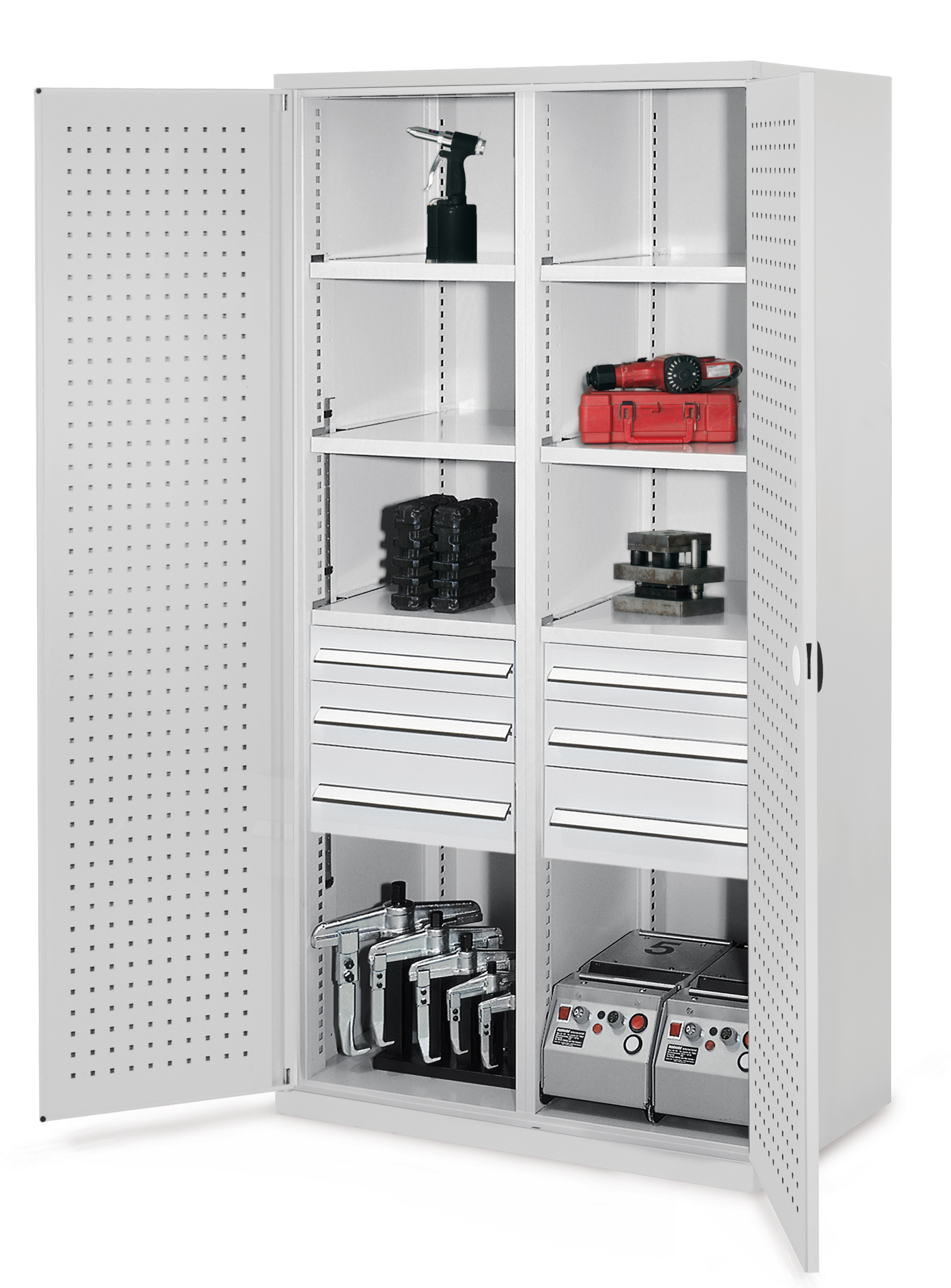 Schwerlastschrank Modell 55 von Kappes Systeme: Robuste Stahlkonstruktion mit flexibler Organisation dank RasterPlan Lochplatte, verstellbaren Fachböden und Vollauszug-Schubladen.