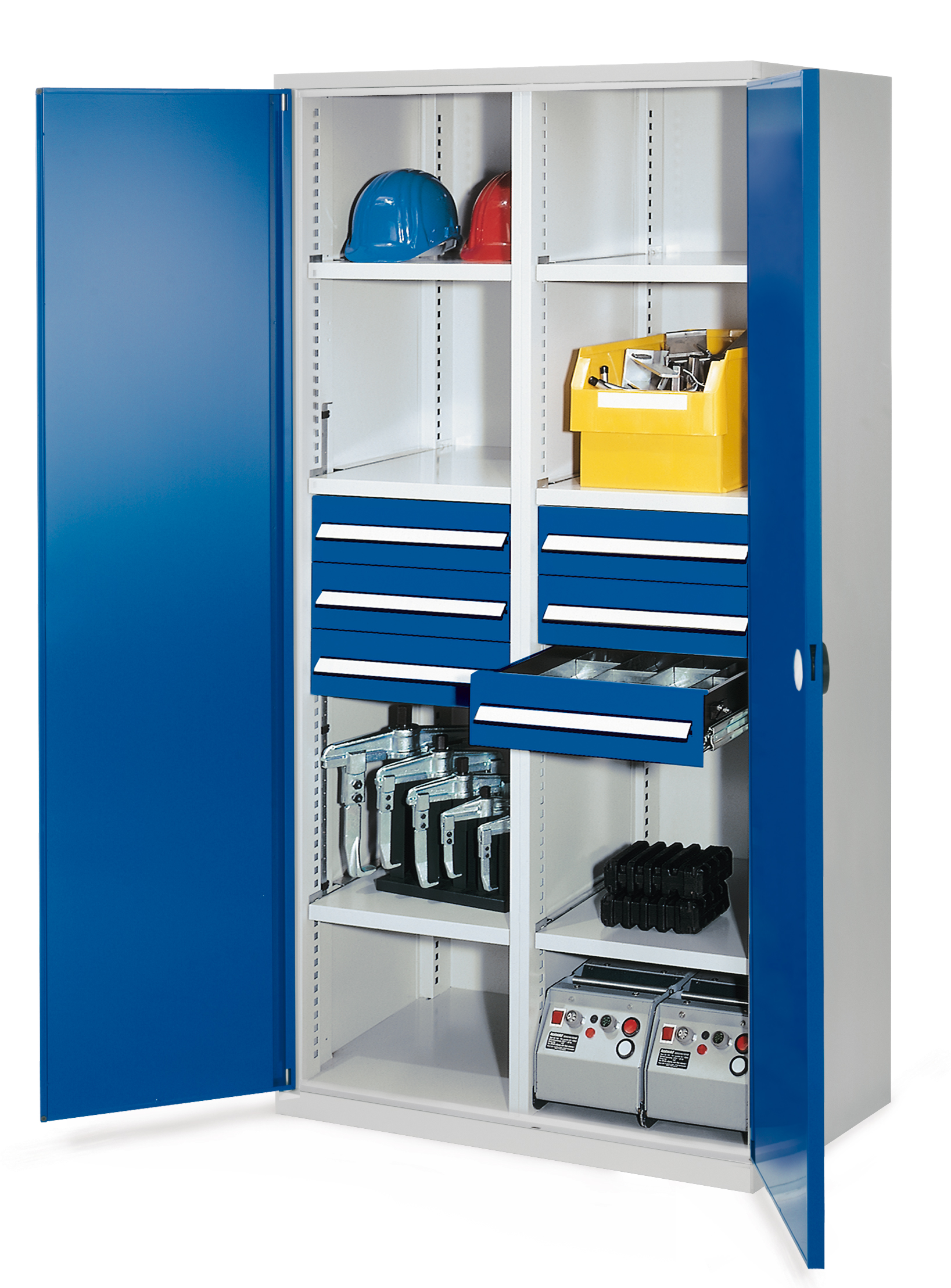 Schwerlastschrank Modell 53 von Kappes Systeme: Robuste Stahlkonstruktion, doppelwandige Türen, 6 Schubladen, 3 Fachböden, ideal für schwere Werkzeuge.