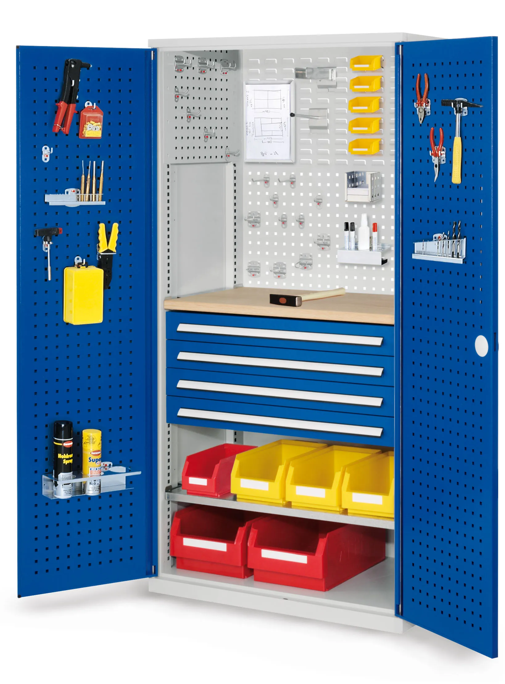 Der RasterPlan Schubladenschrank Modell 16 von Kappes Systeme bietet robuste Lagerung mit 4 Schubladen, Multiplex-Werkbankplatte und kratzfester Beschichtung.