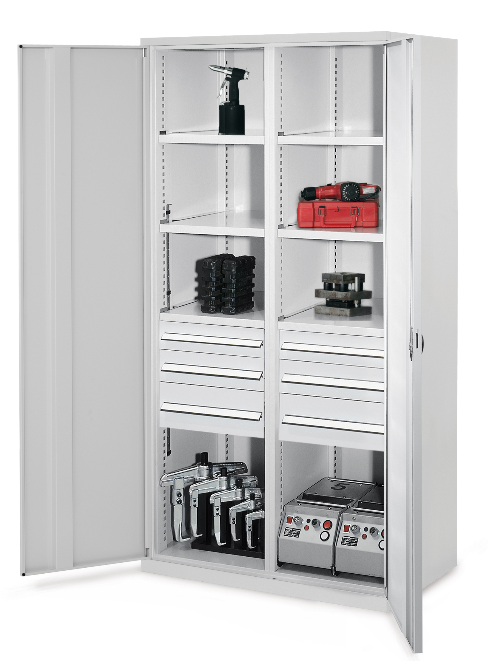 Schwerlastschrank von Kappes Systeme GmbH: Robuste Stahlkonstruktion mit Mitteltrennwand, Vollblechtüren, verstellbaren Fachböden und teleskopgeführten Schubladen.