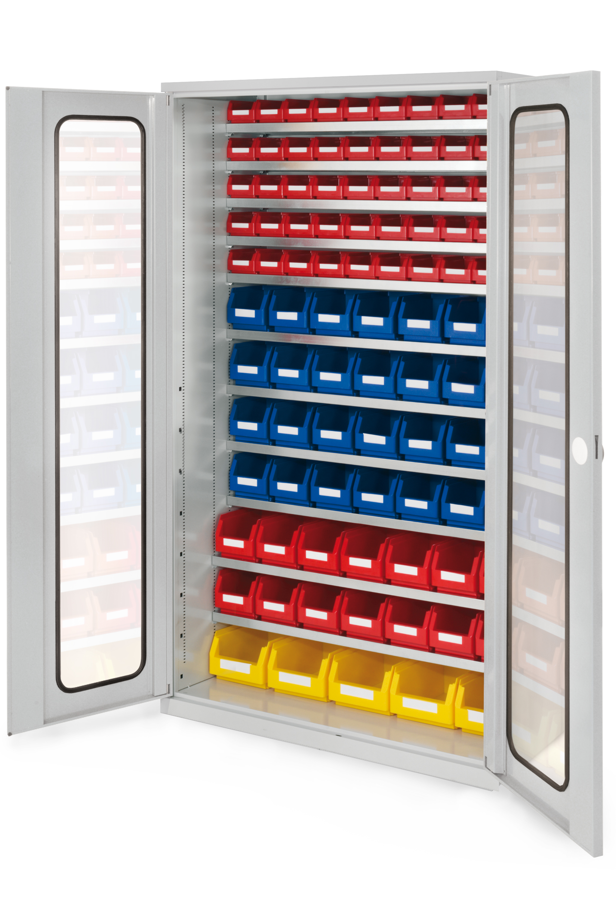 Großraumschrank Modell 12 RAL 7035 1950 x 1130 x 590 mm. Sichtfenstertüren inklusiv Lagersichtkasten 5 x Größe 4 14 x Größe 5 28 x Größe 6 50 x Größe 7.