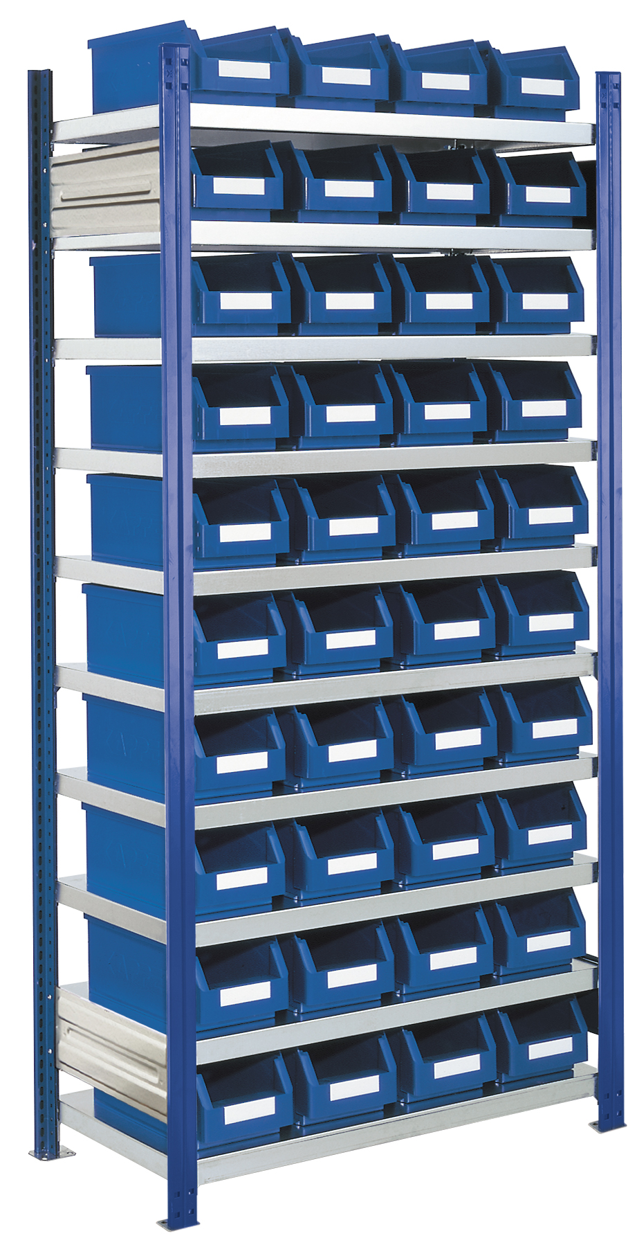 Das RasterPlan Steckregal Modell 13 von Kappes Systeme bietet robuste Lagerung mit 40 Sichtkästen, hoher Tragkraft und flexibler Erweiterung für industrielle Bedürfnisse.