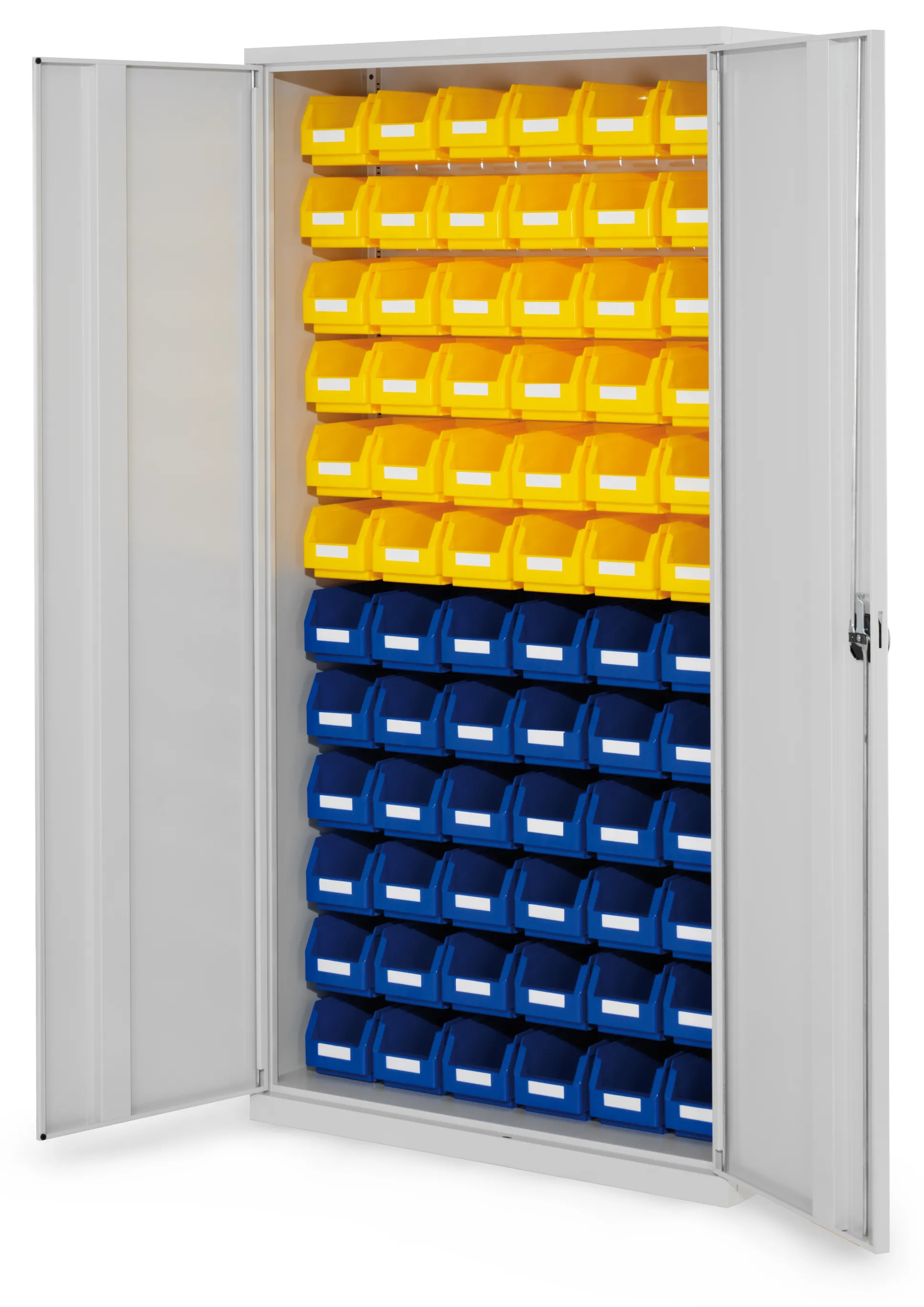 Der lichtgraue ?RasterPlan Schlitzplattenschrank von Kappes Systeme bietet robuste Lagerungsl?sungen mit innovativer Schlitzpr?gung und sicherem Zylinderschloss.