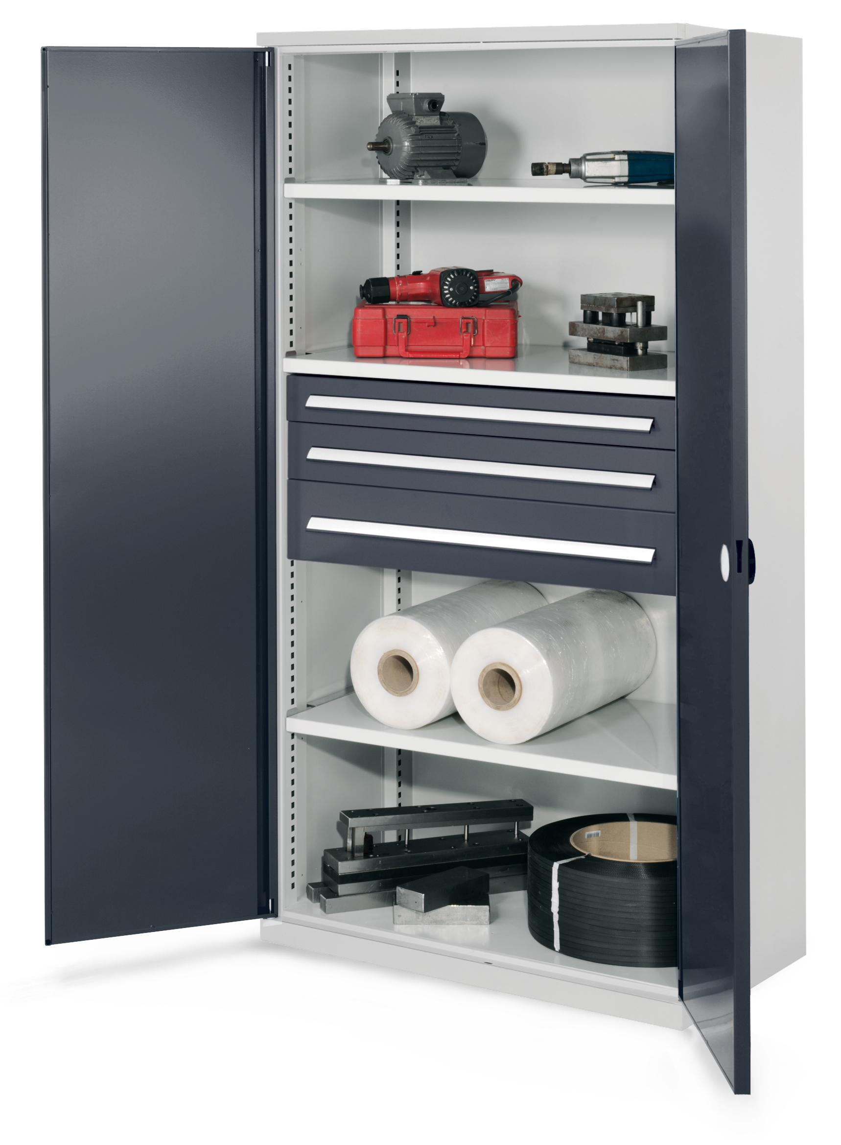 Schwerlastschrank von Kappes Systeme: Robuste Stahlkonstruktion, 1950x1000x600 mm, lichtgrau, mit verstärkten Türen, Schubladen und Fachböden für bis zu 1,65 t.