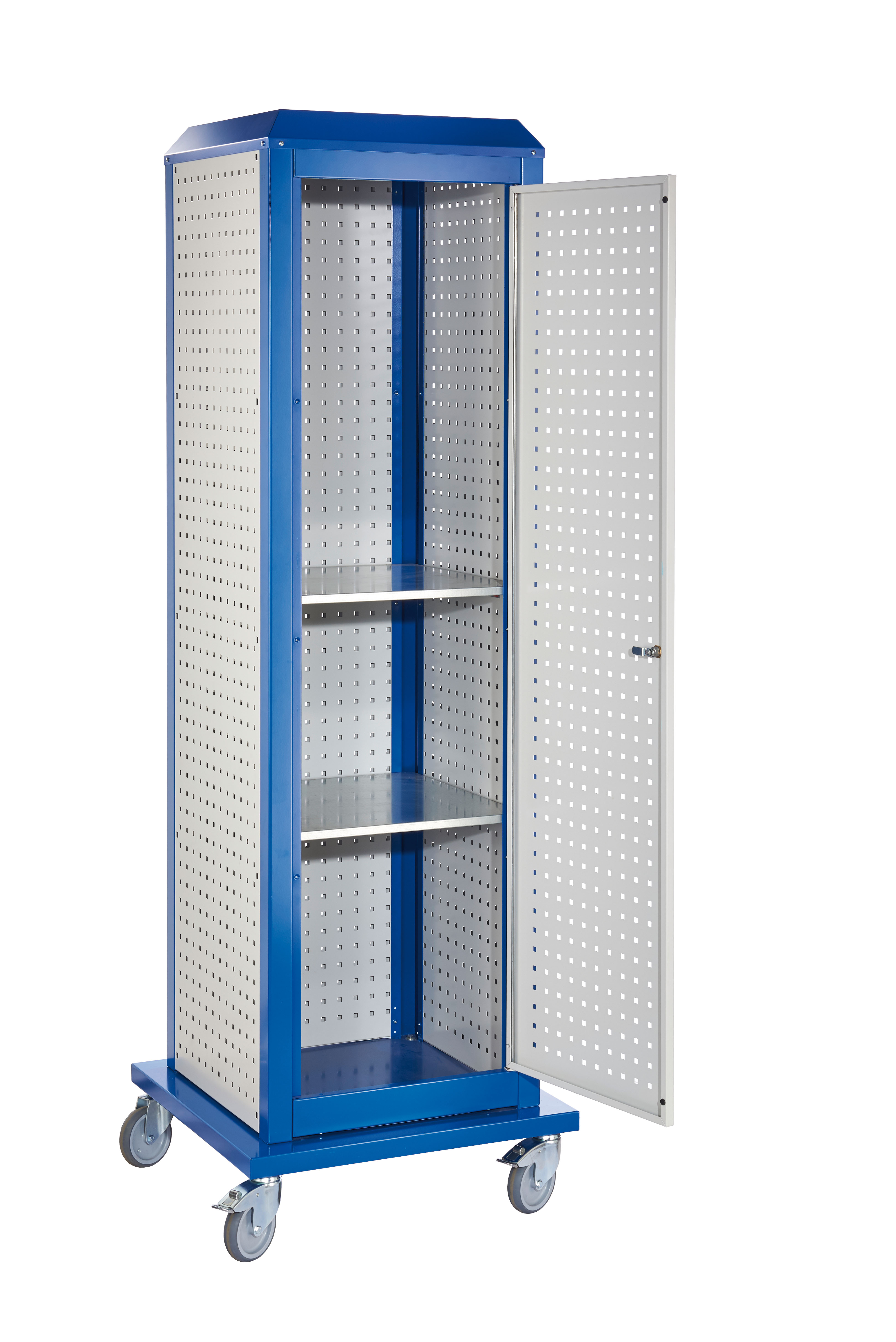 Der ®RasterPlan ToolTower Groß Modell 5 bietet flexible Werkzeuglagerung mit robustem Design, mobiler Nutzung und anpassbaren Lochplatten in RAL 7035/5010.