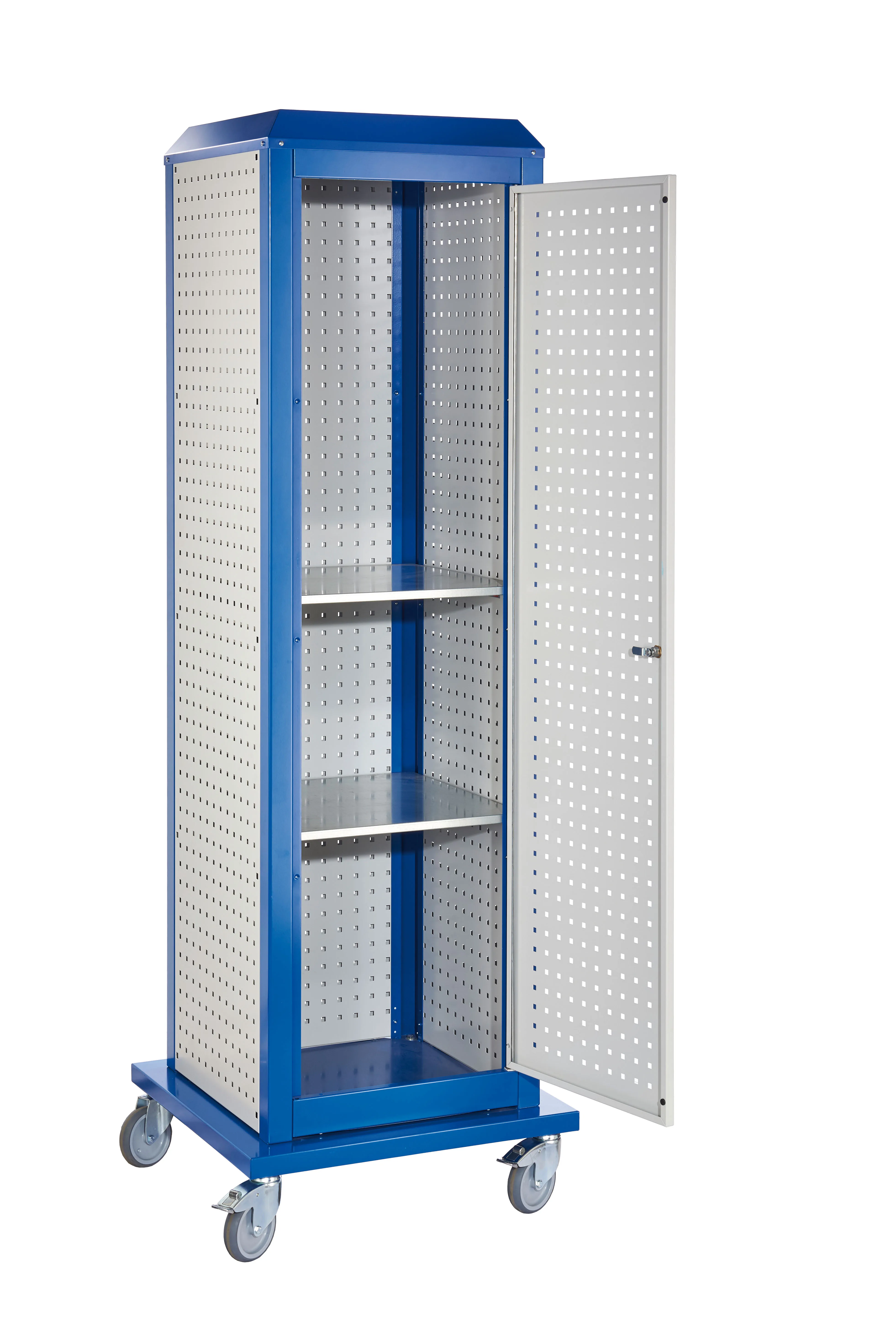 Der ?RasterPlan ToolTower Gro? Modell 5 bietet flexible Werkzeuglagerung mit robustem Design, mobiler Nutzung und anpassbaren Lochplatten in RAL 7035/5010.