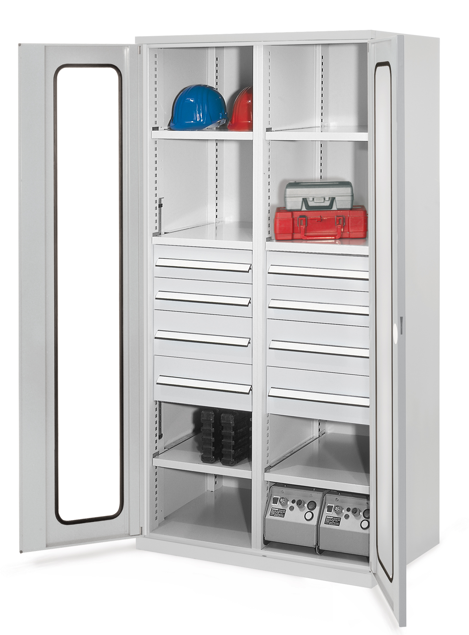 Schwerlastschrank mit Mitteltrennwand 1950 x 1000 x 600 mm Mod 54 RAL 7035. Sichtfenstertür 4 Schubladen H 100 mm 4 Schubladen H 175 mm 3 Fachboden links verzinkt 3 Fachboden rechts verzinkt.