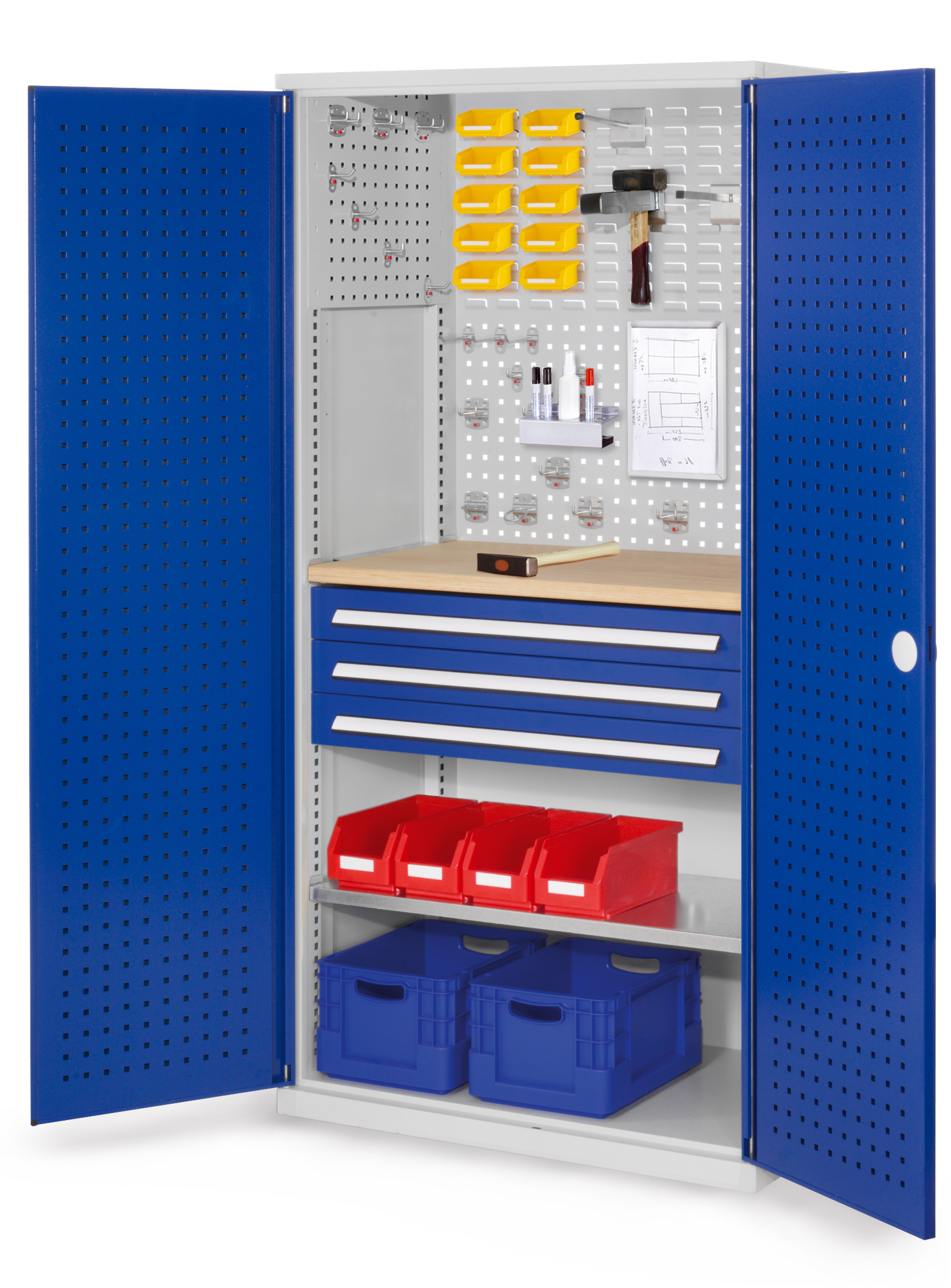 Der RasterPlan Schubladenschrank Modell 15 von Kappes Systeme: Robuste Stahlkonstruktion, lichtgrau, mit 3 Schubladen, Fachboden, Werkbankplatte und Sicherheitszylinderschloss.