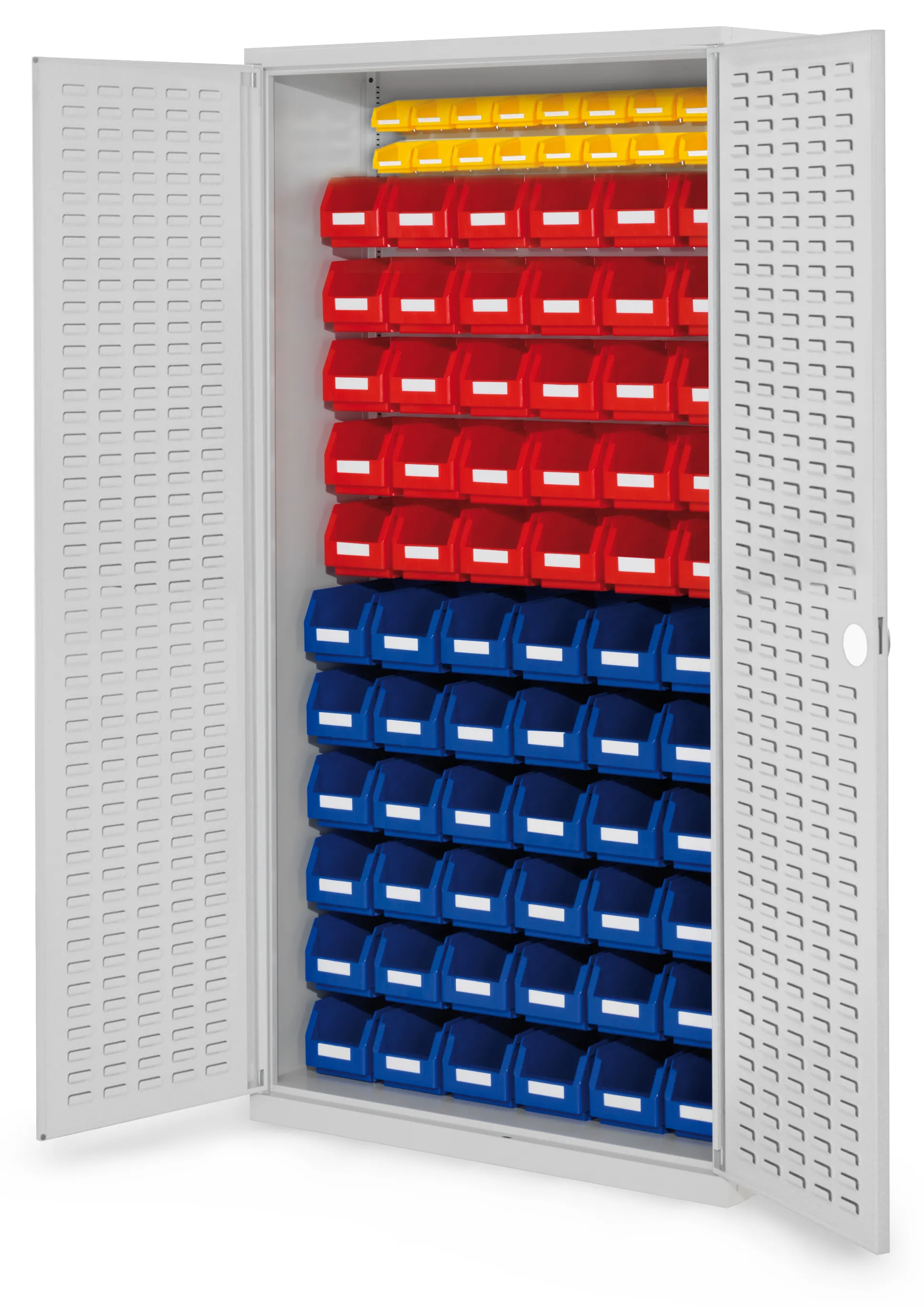 Der ?RasterPlan Schlitzplattenschrank von Kappes Systeme GmbH bietet effiziente Kleinteillagerung mit 82 Lagersichtk?sten, robuster Stahlkonstruktion und sicherem Zylinderschloss.