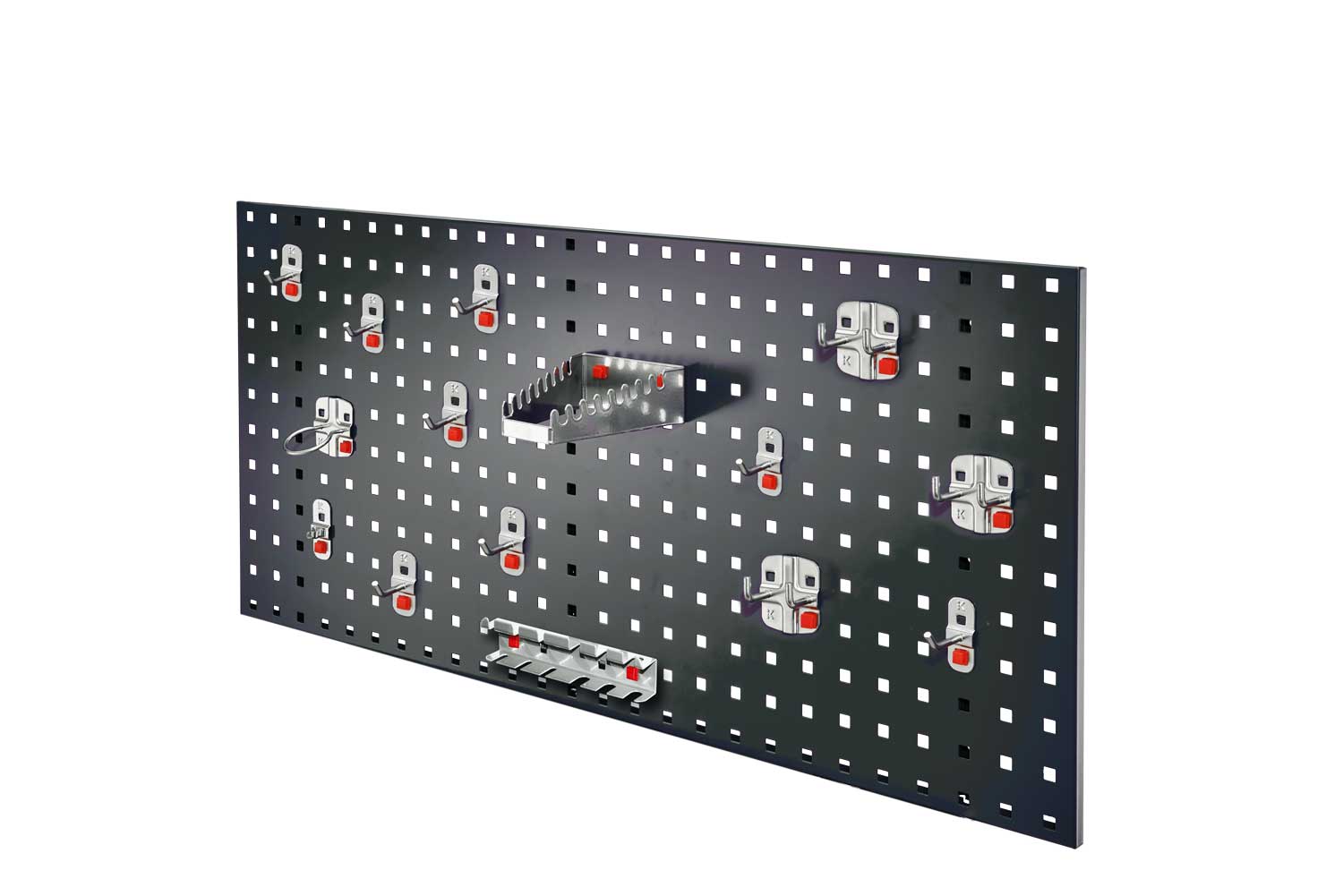 Das ®RasterPlan/ABAX Lochplatten Einsteigerset 5 in RAL 7016 bietet eine effiziente Werkzeugorganisation mit einer 450x1000 mm Lochplatte und 15 Haltern.