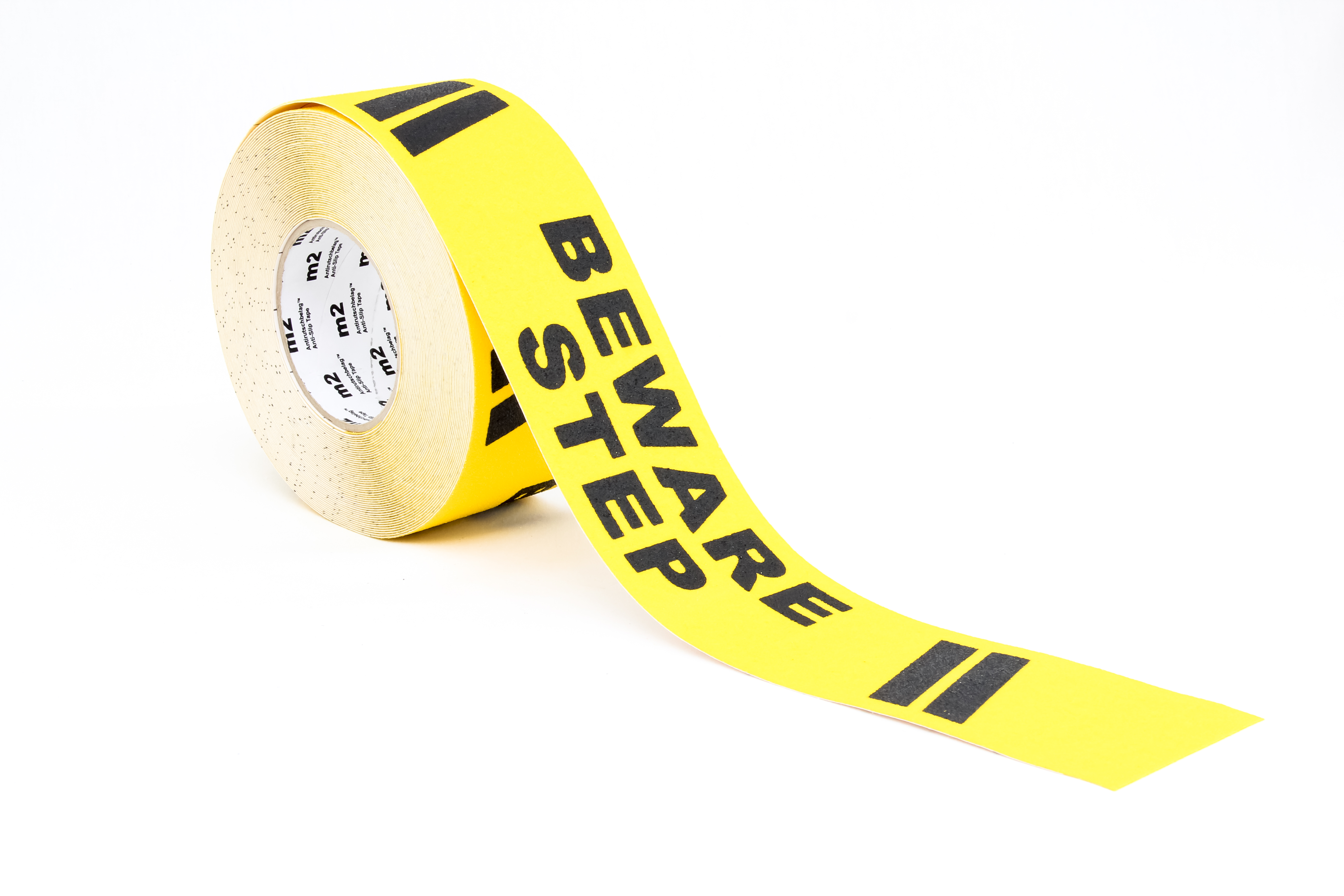 Der m2-Antirutschbelag von Mehlhose mit "Beware Step"-Warnung bietet R13-Rutschhemmung, einfache Montage und hohe Abriebfestigkeit für sichere Arbeitsumgebungen.