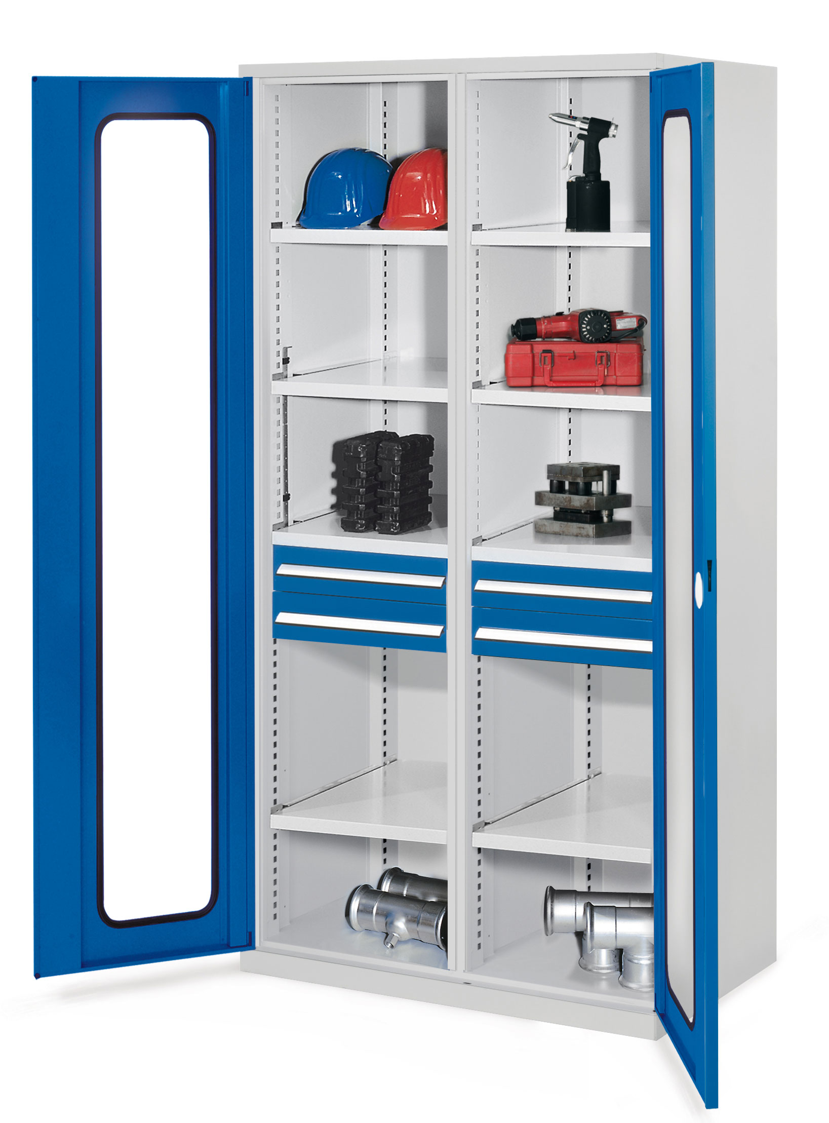 Schwerlastschrank von Kappes Systeme GmbH: Robuste Stahlkonstruktion mit Mitteltrennwand, Sichtfenstertür, 2 Schubladen, 4 Fachböden, 1,65 Tonnen Tragkraft.