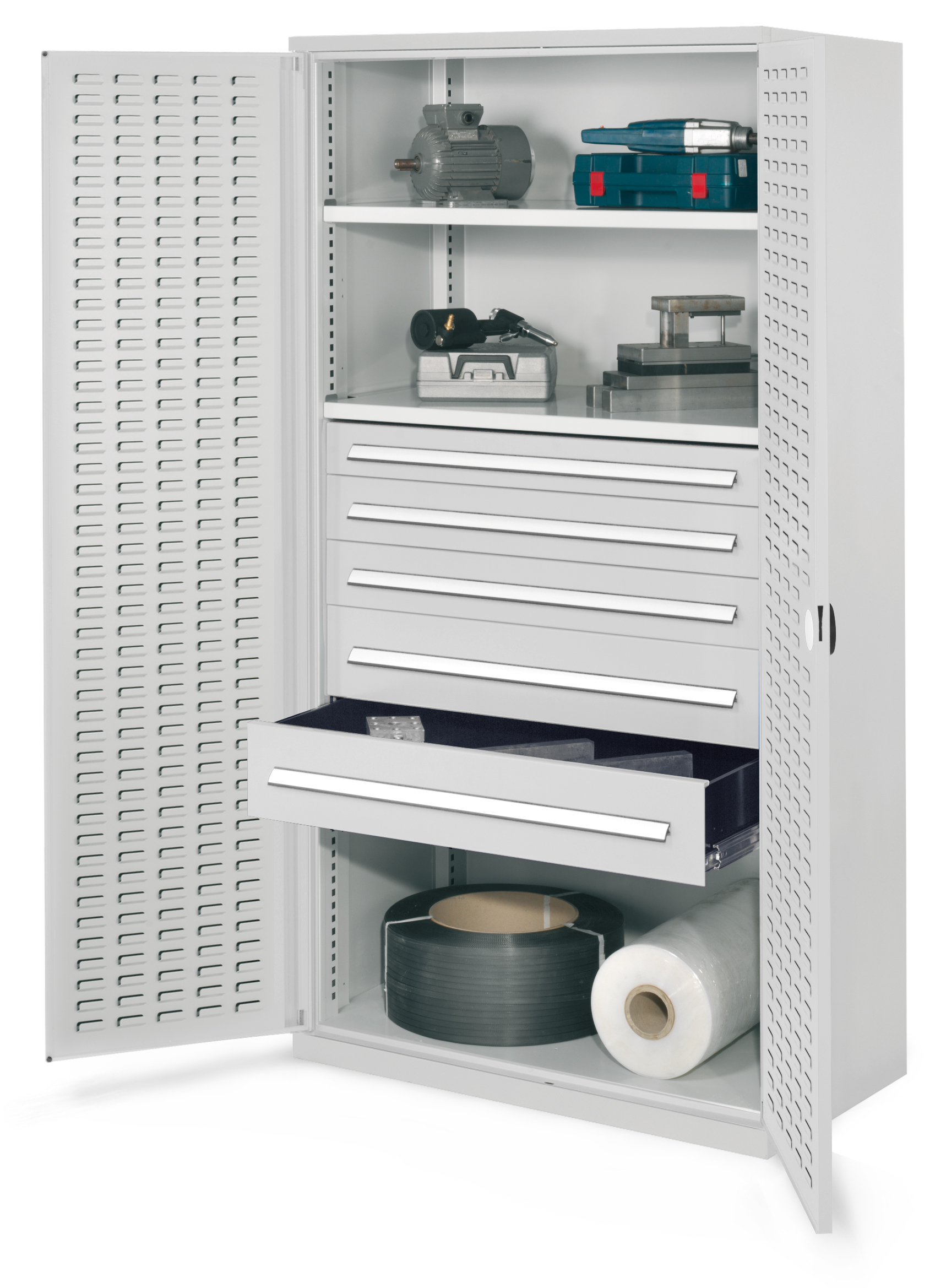 Schwerlastschrank ohne Mitteltrennwand 1950 x 1000 x 600 mm Mod 44 RAL 7035. Türinnenseite: ®RasterPlan Schlitzplatten- 2 Fachböden verzinkt. 1 Schublade 100 mm 2 Schubladen 125 mm 2 Schubladen 175 mm.