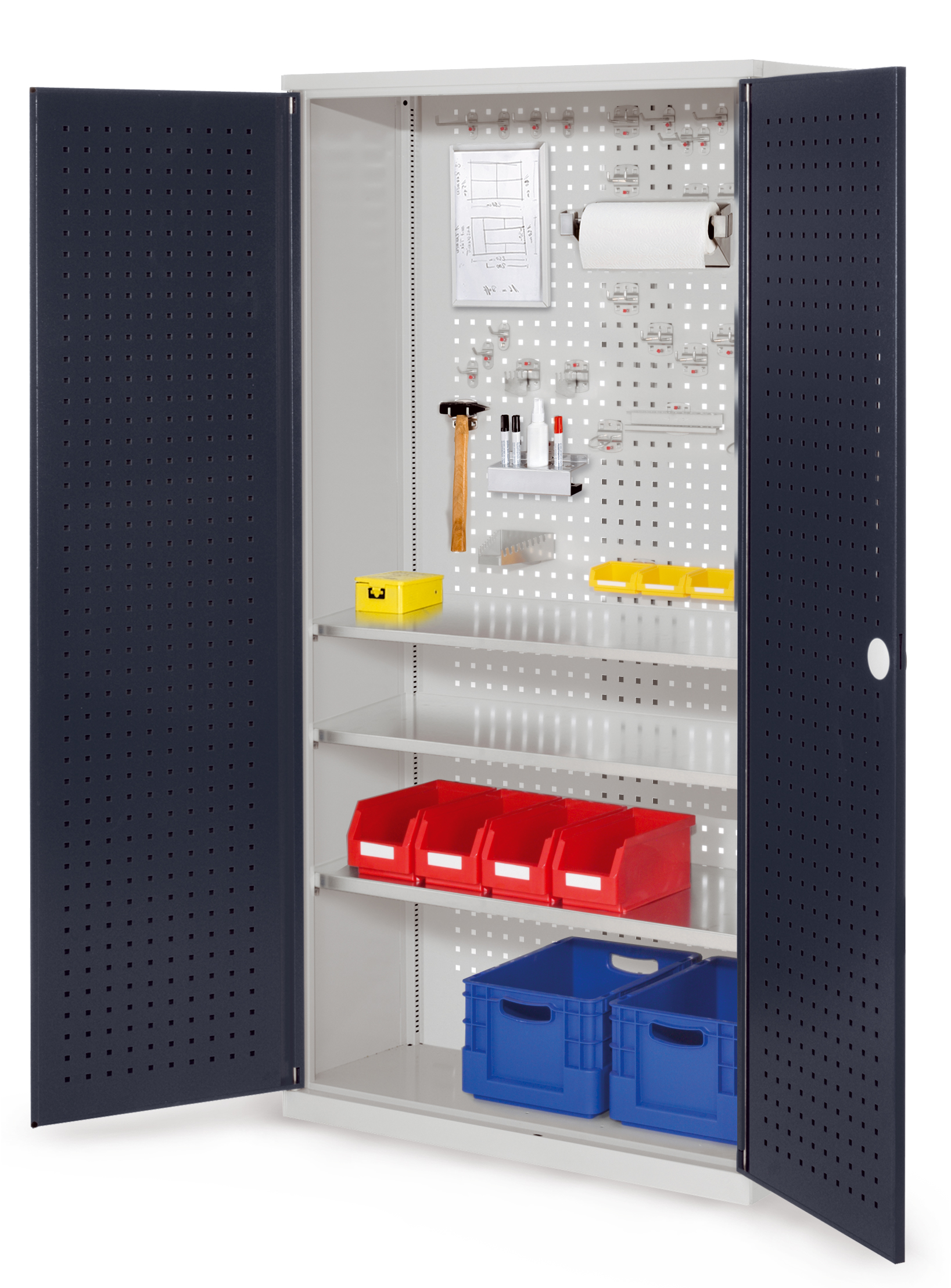 Der ®RasterPlan Werkzeugschrank Modell 6 410 von Kappes Systeme bietet robuste Stahlkonstruktion, verstellbare Fachböden und ein sicheres Zylinderschloss.