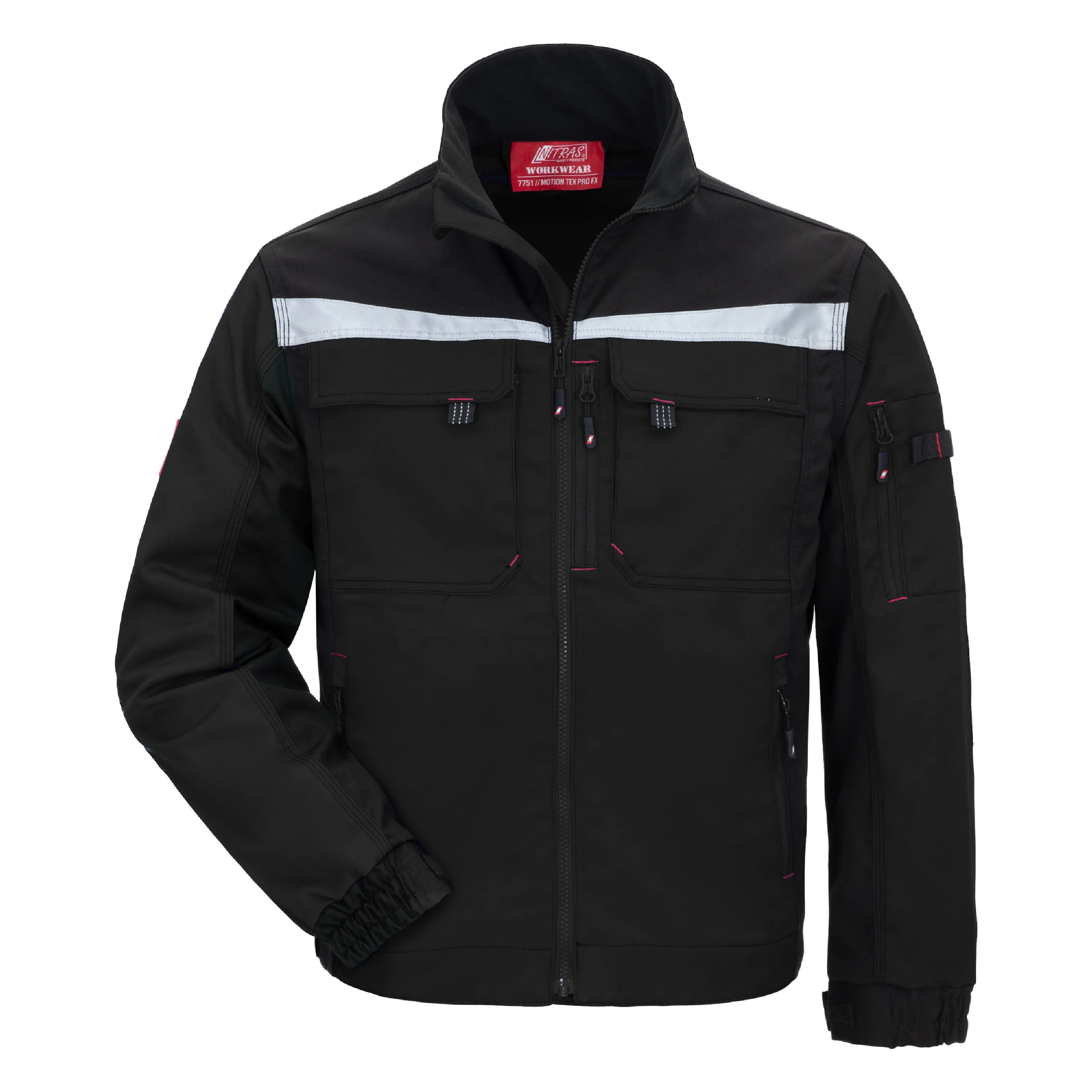 Die schwarze NITRAS MOTION TEX PRO FX Arbeitsjacke bietet Komfort und Langlebigkeit mit atmungsaktivem Stretch-Material, CORDURA?-Verst?rkungen und reflektierenden Details.
