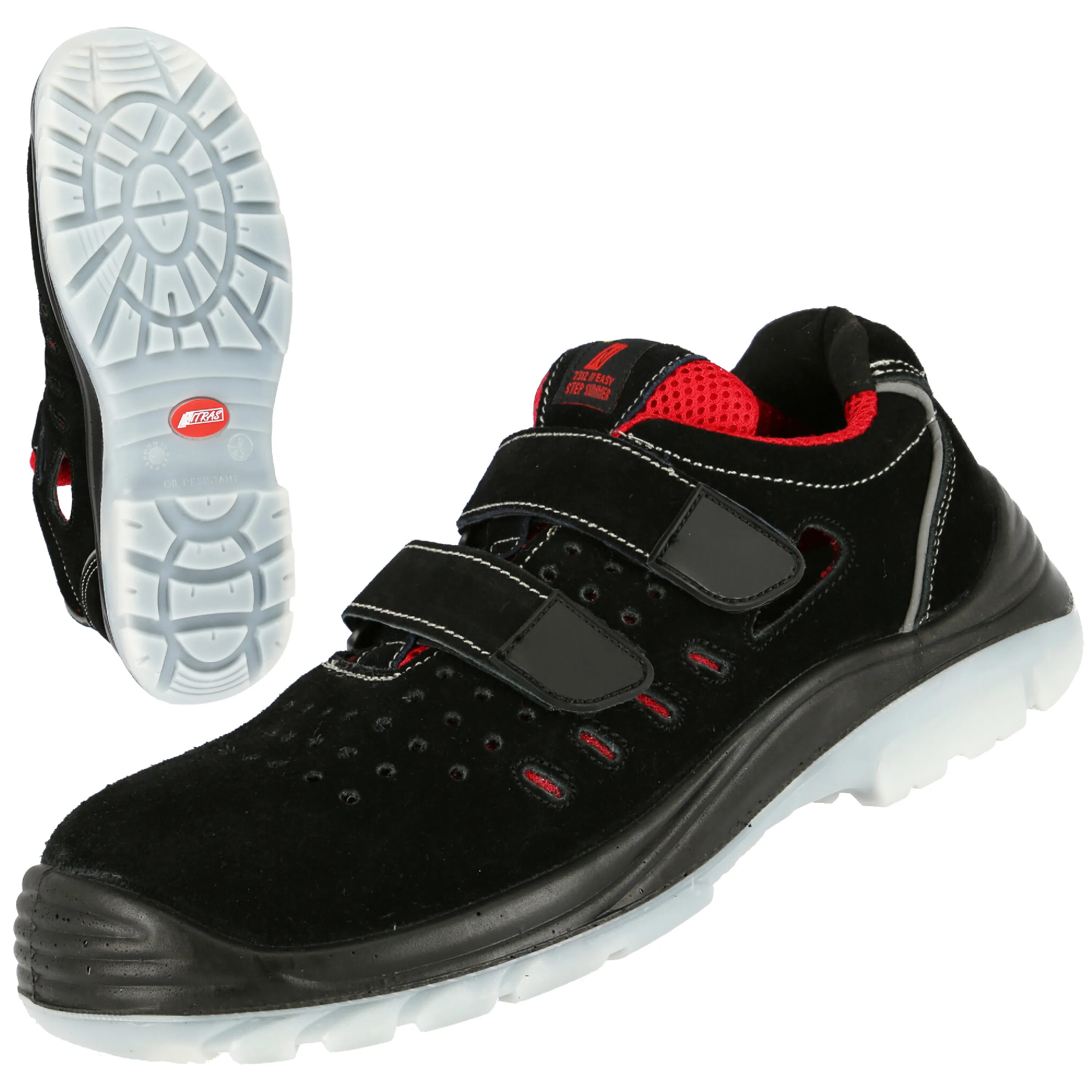 NITRAS EASY STEP SA Sicherheitssandalen in Schwarz aus Veloursleder bieten Komfort und Schutz mit Fiberglas-Zehenkappe, rutschfester Sohle und Klettverschluss.